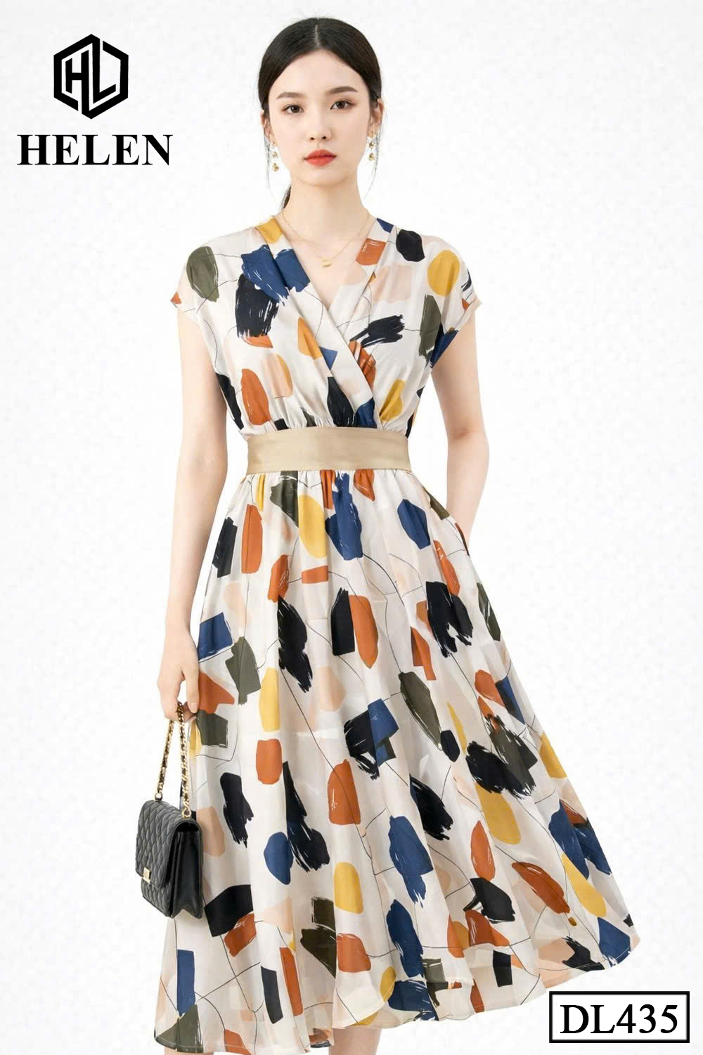 Đầm xòe họa tiết vẽ phối đai nâu DL435