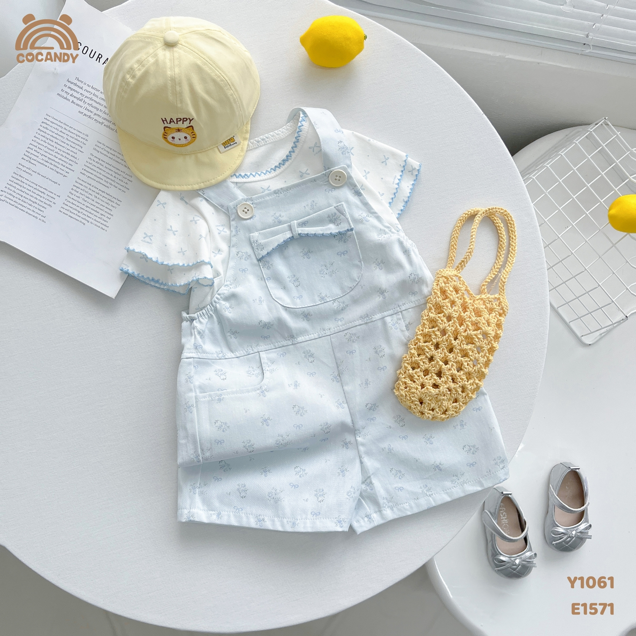Yếm quần cộc kaki XANH hoa nhí