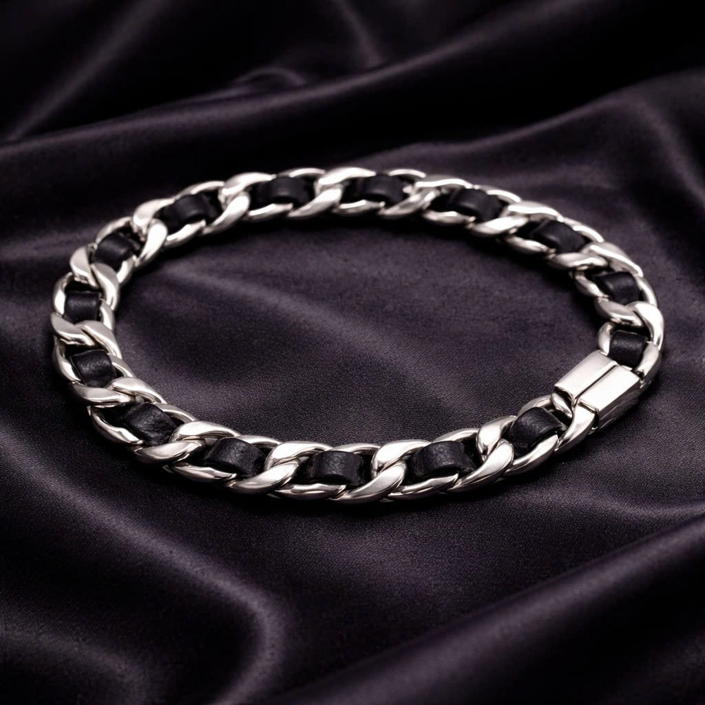 vòng tay xích kẹp dây da đen 19cm