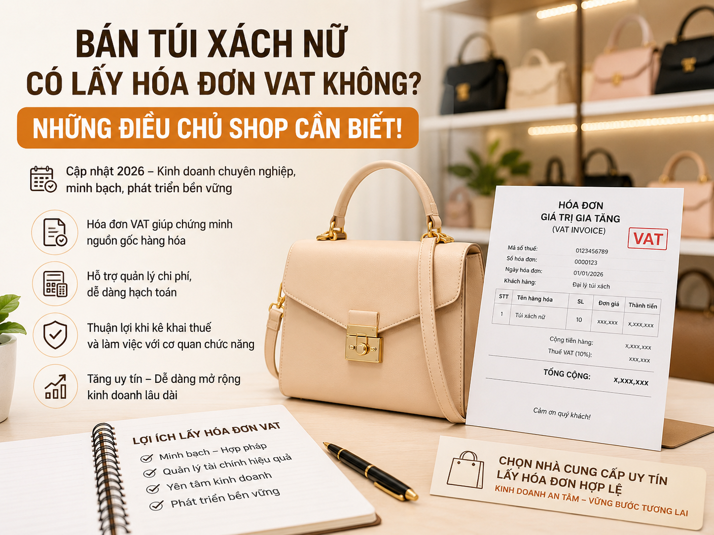 Bán túi xách nữ lấy hóa đơn VAT như thế nào ? Những điều chủ chop cần biết năm 2026 ?