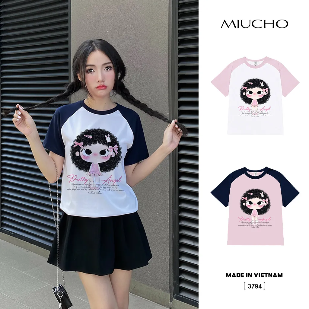 Áo babytee raglan mix màu Pretty Angel bé gái tóc xoăn phong cách Hàn Quốc Miucho 3794