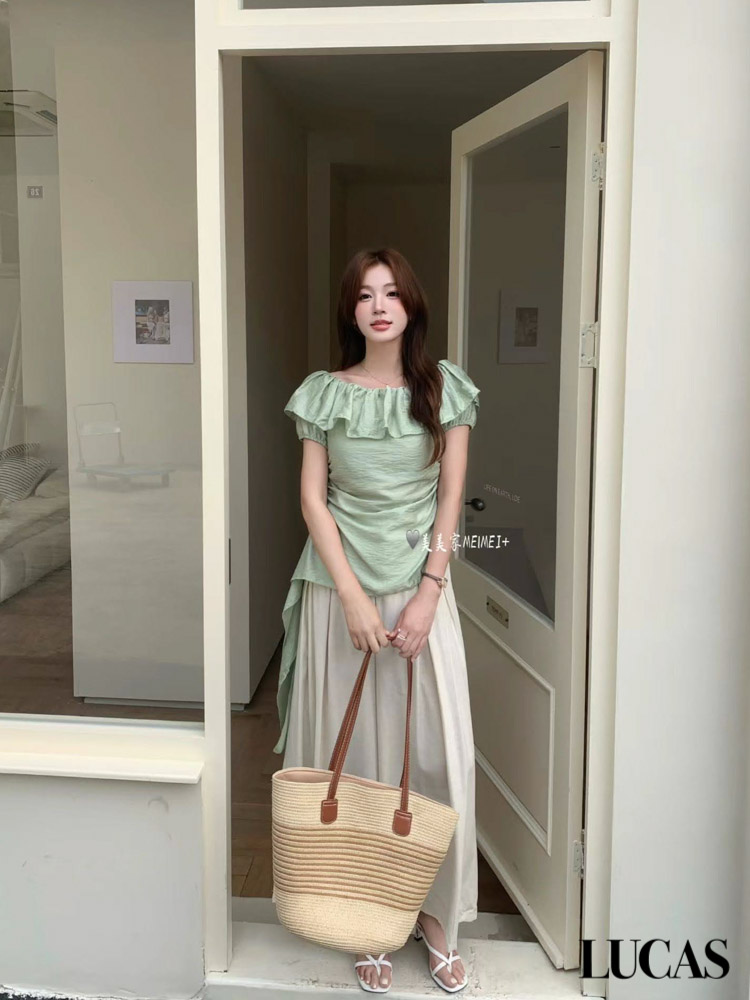 Áo sơ mi trễ vai bèo ngực rúm eo, bèo lệch 1 bên_thumbnail_5