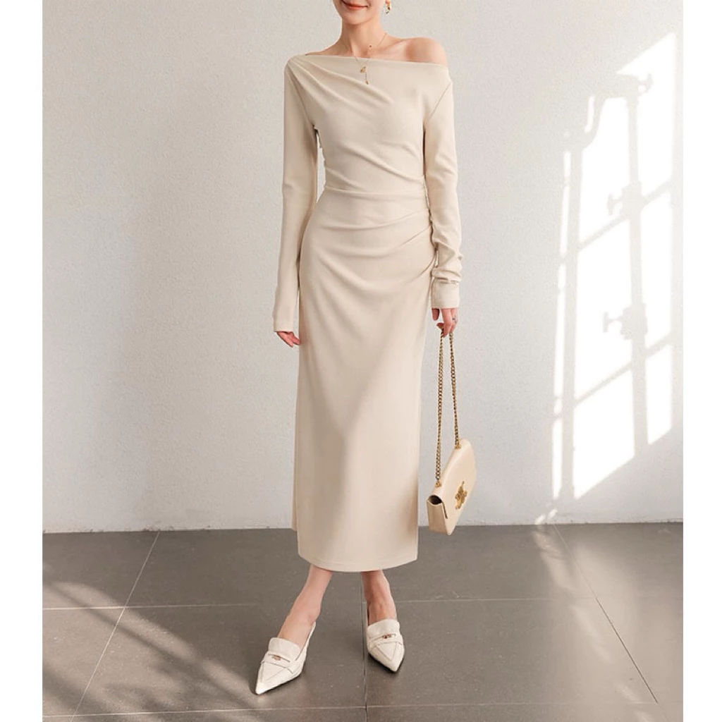 Váy dự tiệc lệch eo dáng dài ôm body, đầm body nhún eo dài tay Logastore_L197_thumbnail_2