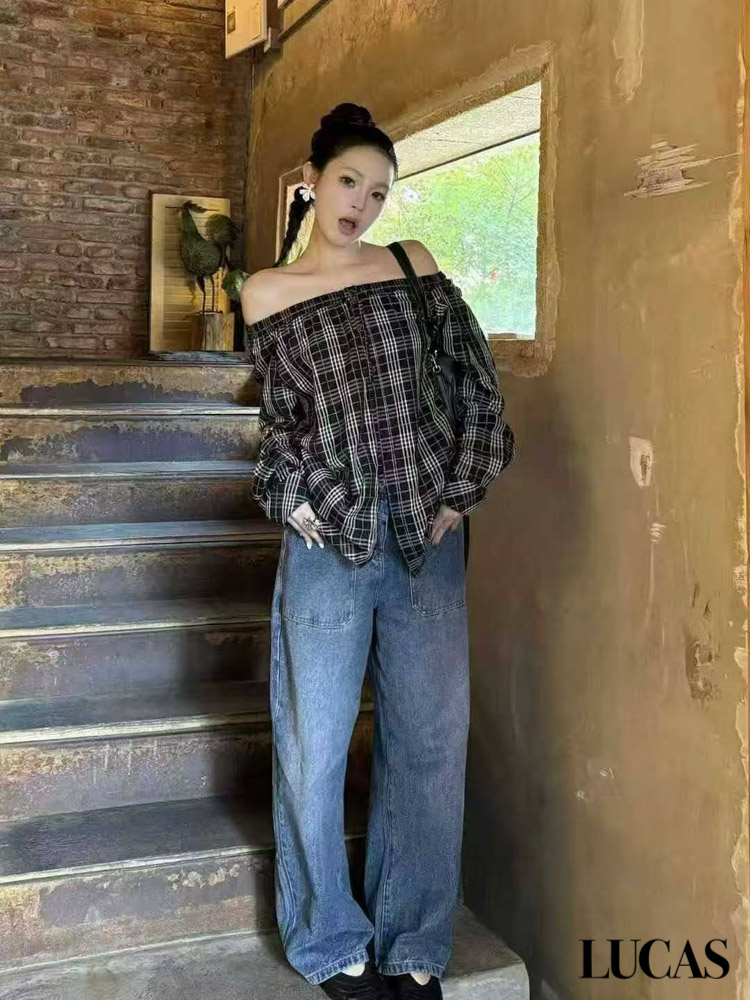 Áo trễ vai kẻ caro cài cúc dáng dài, dài tay cúc trắng buộc nơ ngực_thumbnail_3