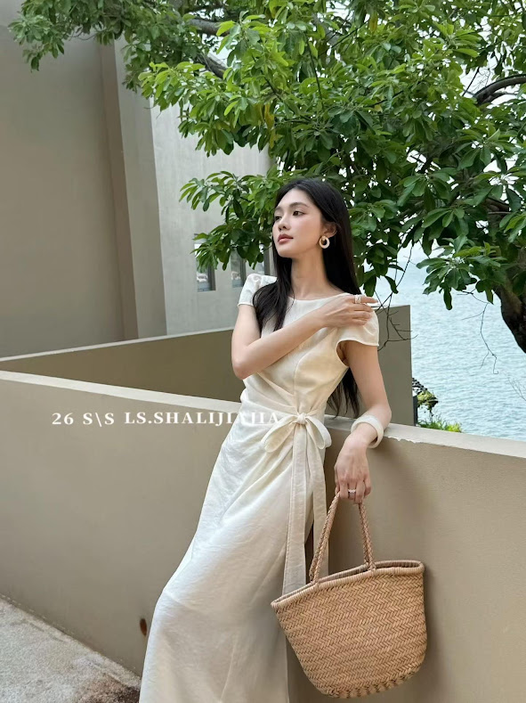 Lucas - Váy cổ thuyền cộc tay dáng dài may rúm phối dây buộc lệch eo_thumbnail_3