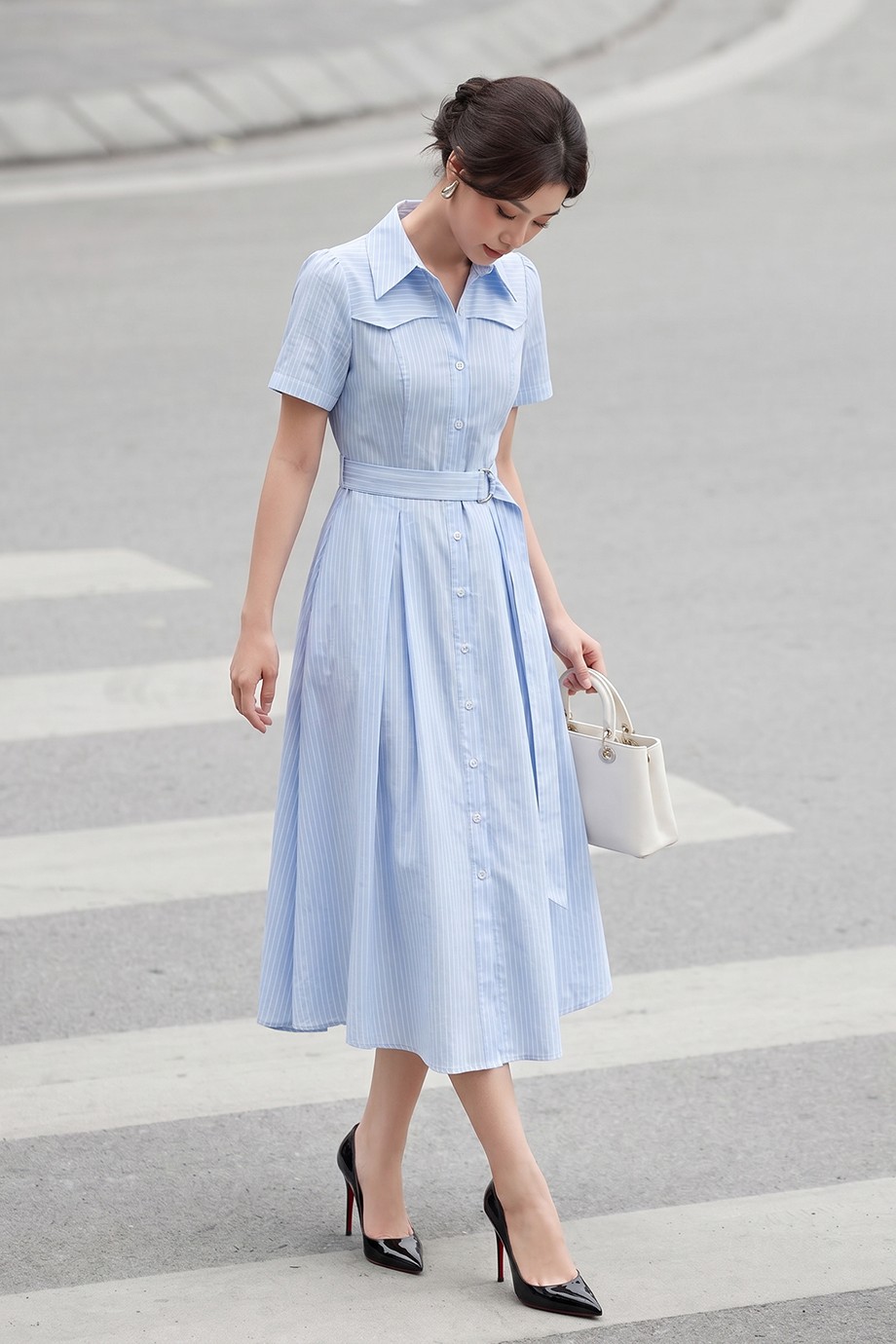 Đầm sơ mi xòe 26203 kẻ xanh
