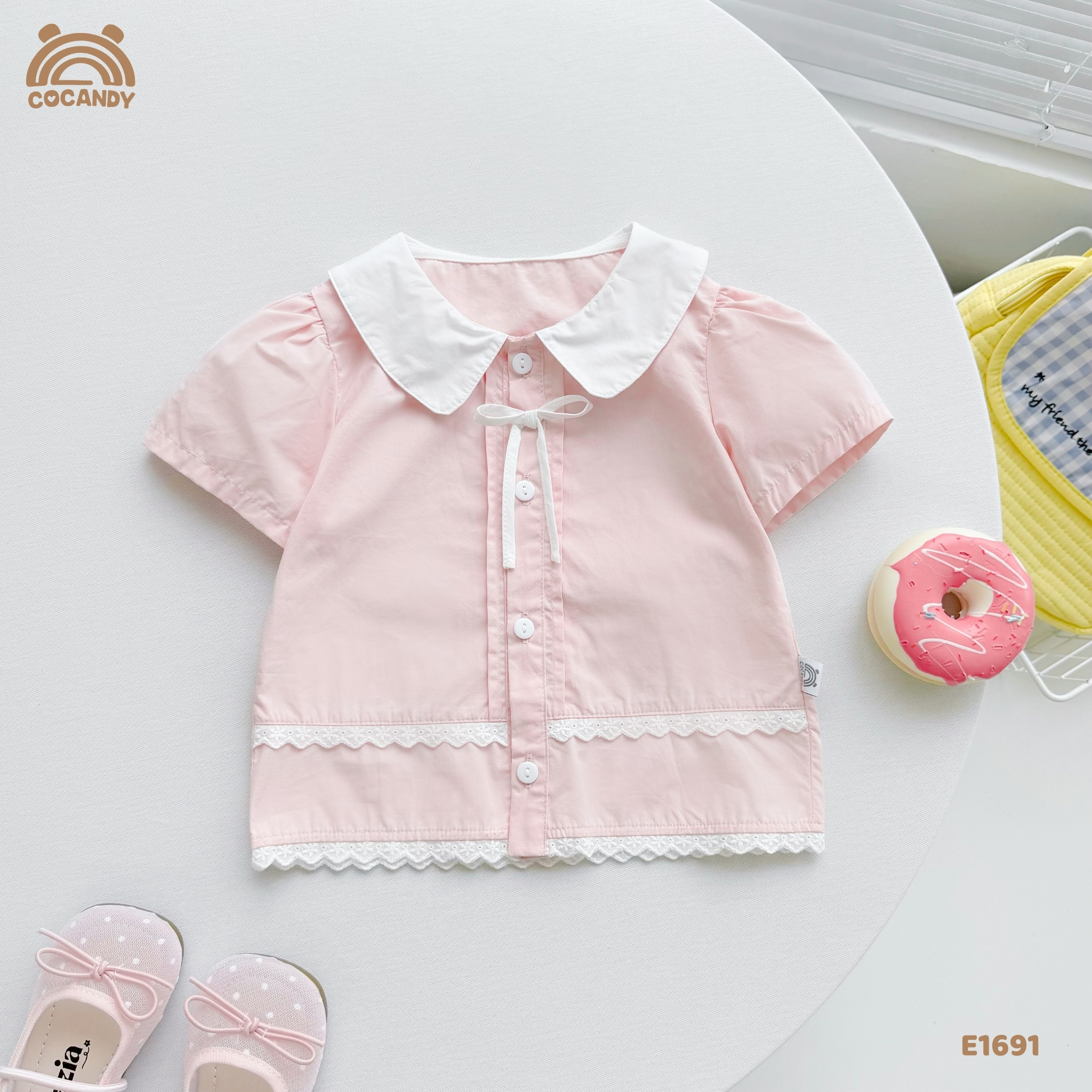 Áo cộc sơ mi thô HỒNG li dọc phối nơ_thumbnail_2