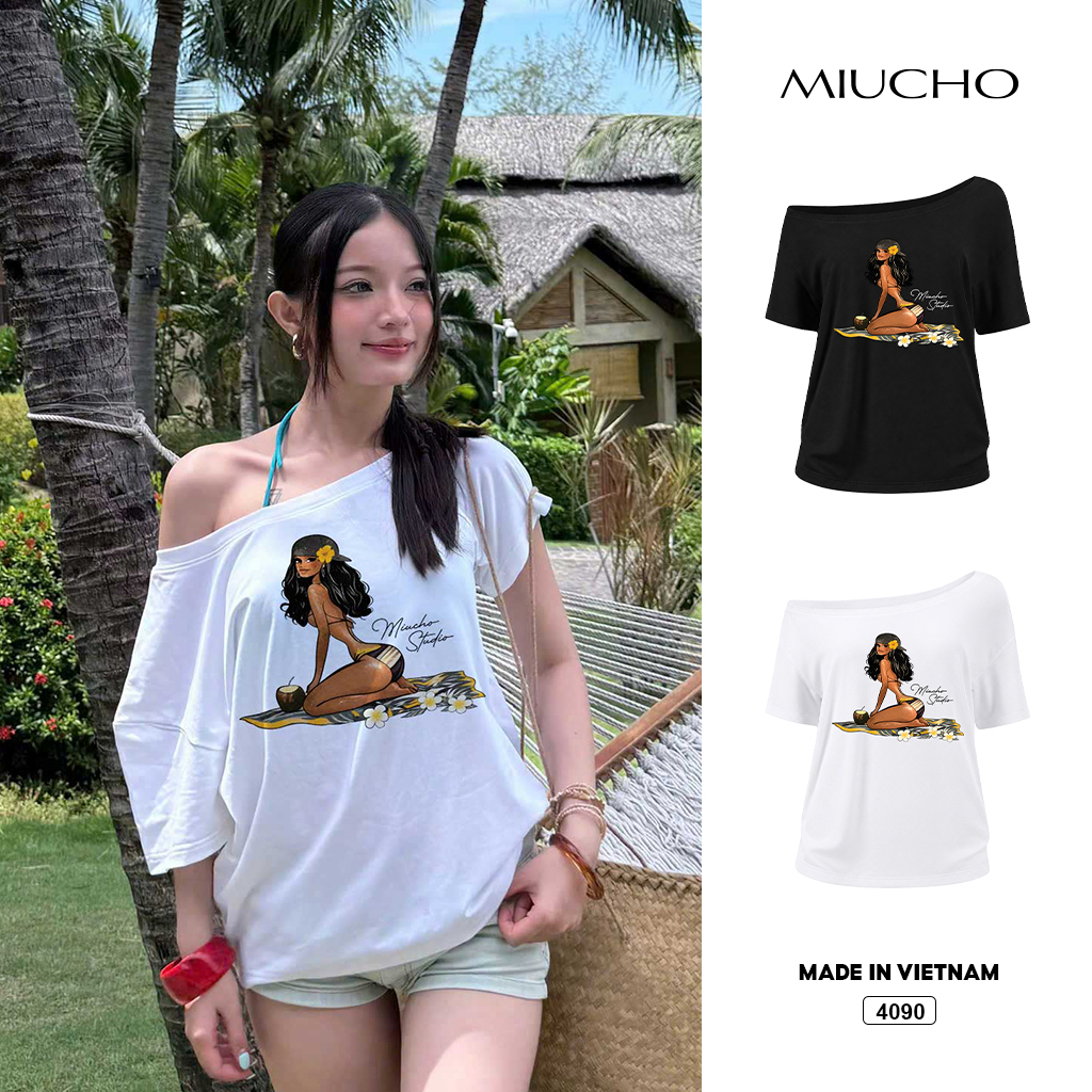 Áo thun nữ lệch vai phong cách mùa hè năng động Miucho 4090