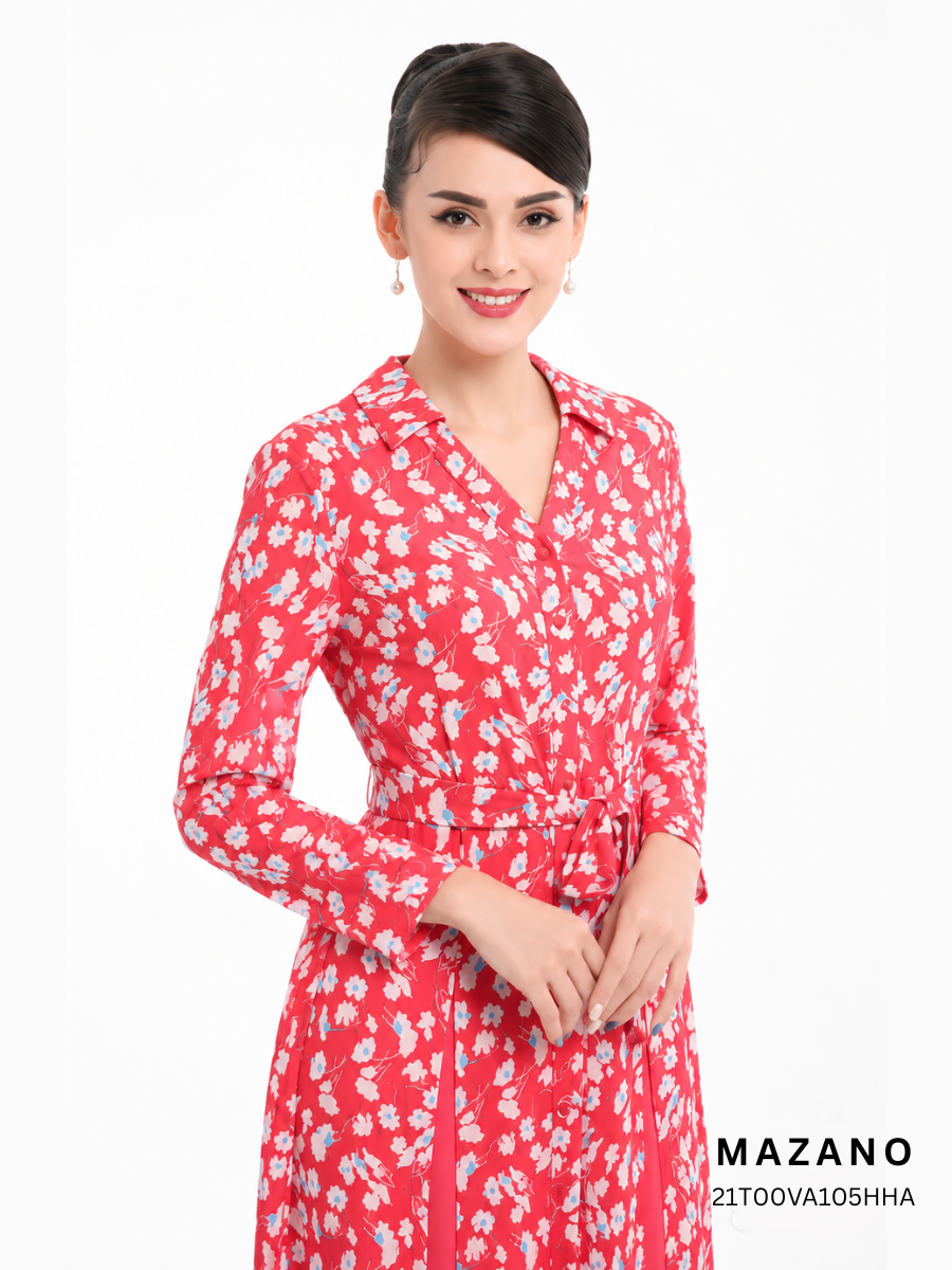 Đầm sơ mi họa tiết nền đỏ xẻ thân thắt đai_thumbnail_4