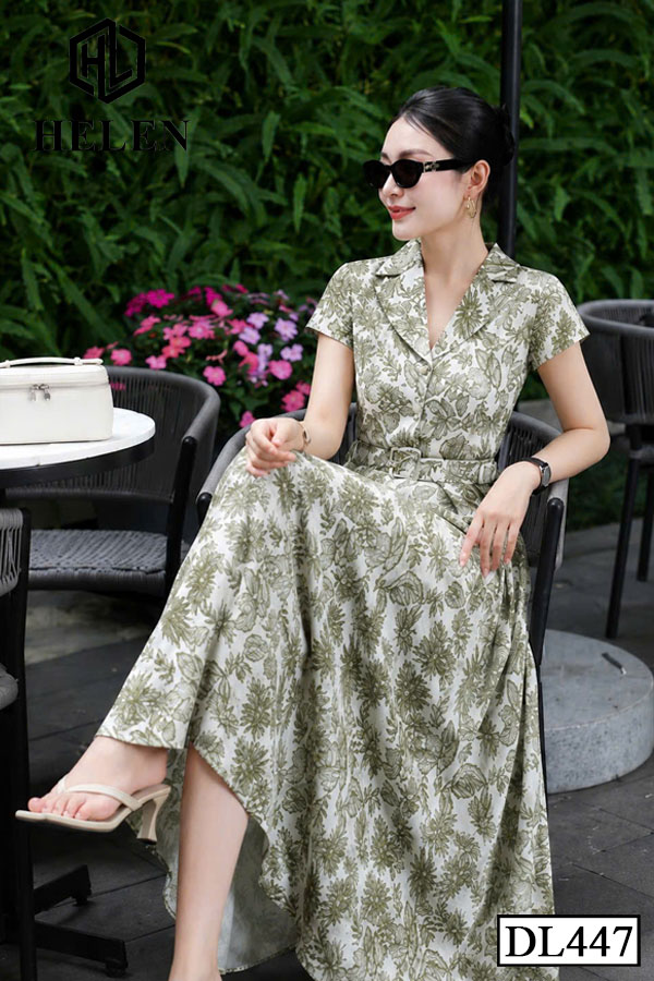 Đầm xòe hoa xanh cổ vest + kèm đai DL447_thumbnail_2