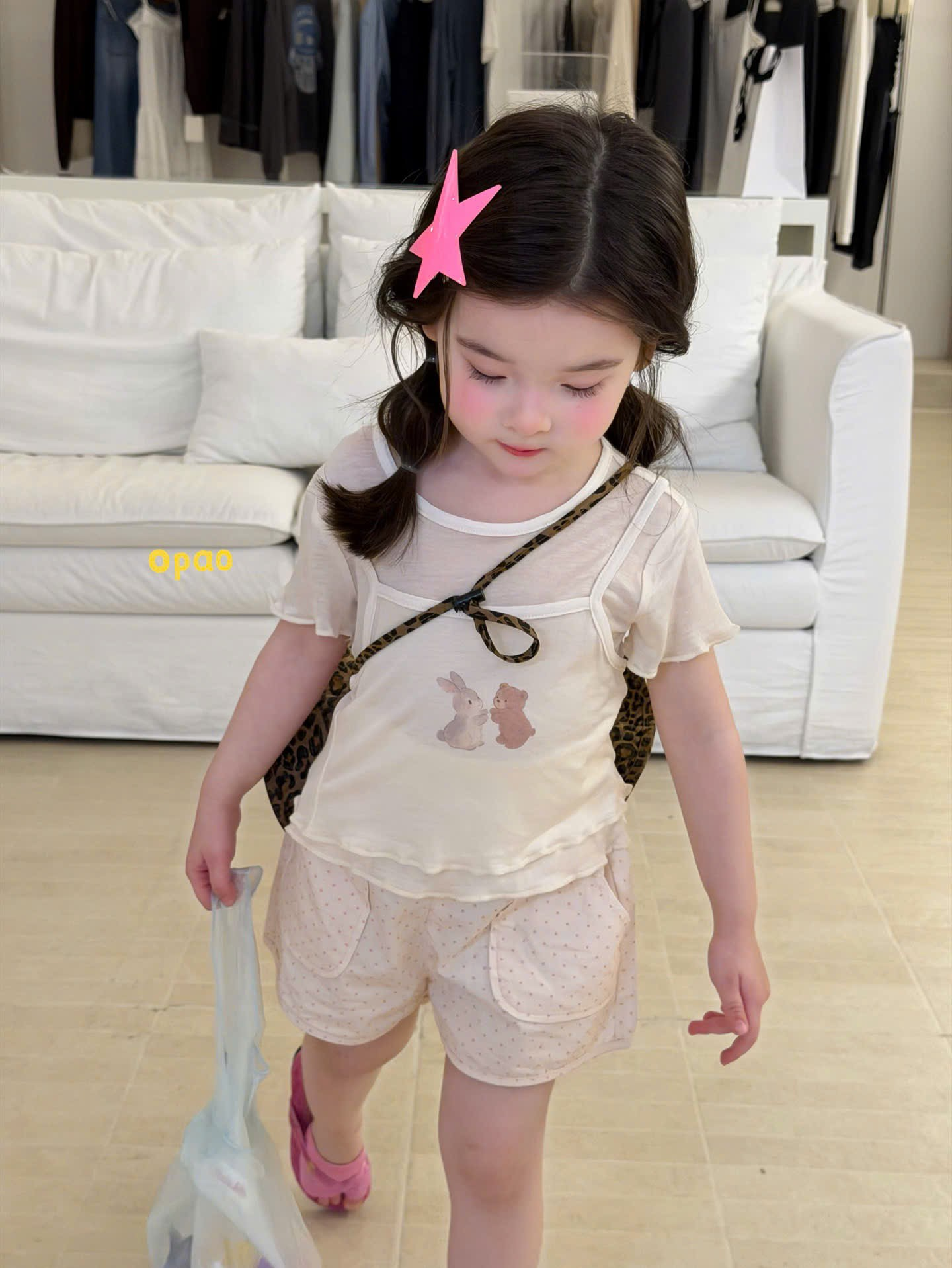 OP94 - Set áo 2 dây liền áo thun màu kem hãng Opao