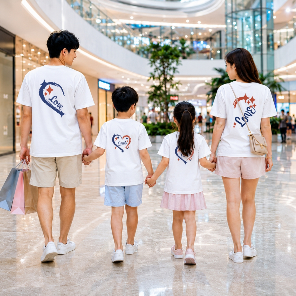 Áo phông gia đình in hình trái tim xanh hồng - Loza GD004