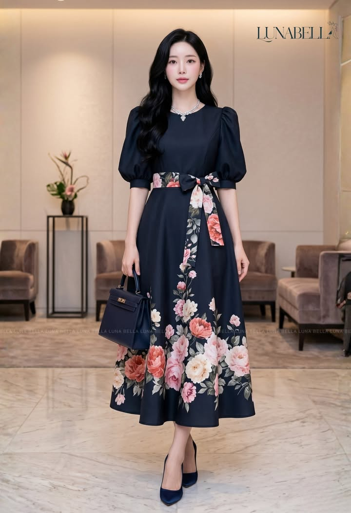 Váy liên dài tay bồng in hoa ROSINA màu XANH NAVY