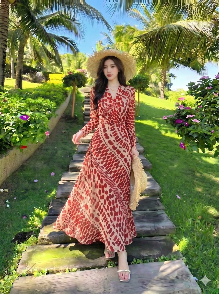 ✨ Đầm Họa Tiết Chiffon Nâu Đỏ ✨