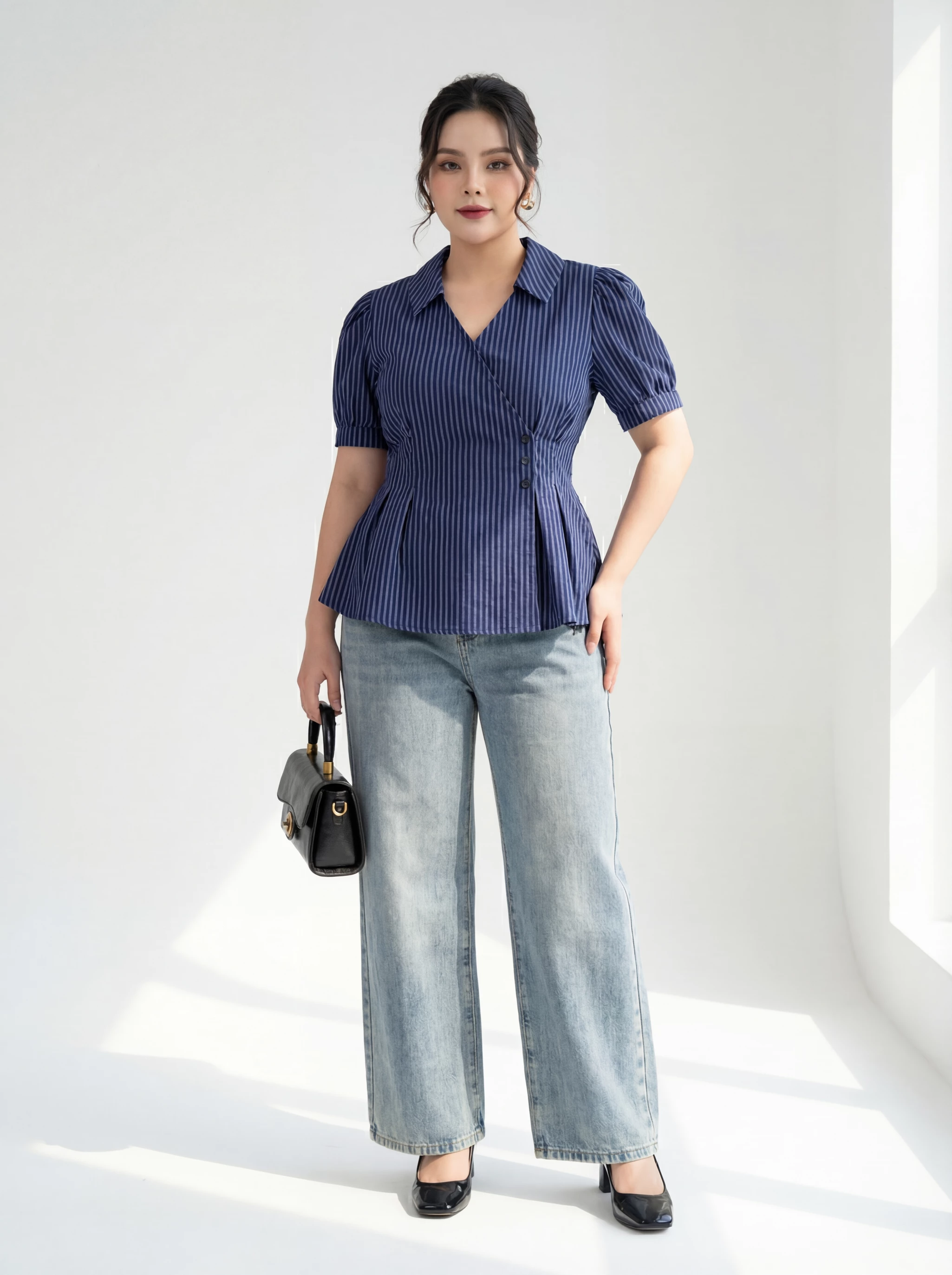 BIGSIZE NỮ - Áo sơ mi  tay phồng phối nút dành cho nàng béo 55-90kg V-AK110