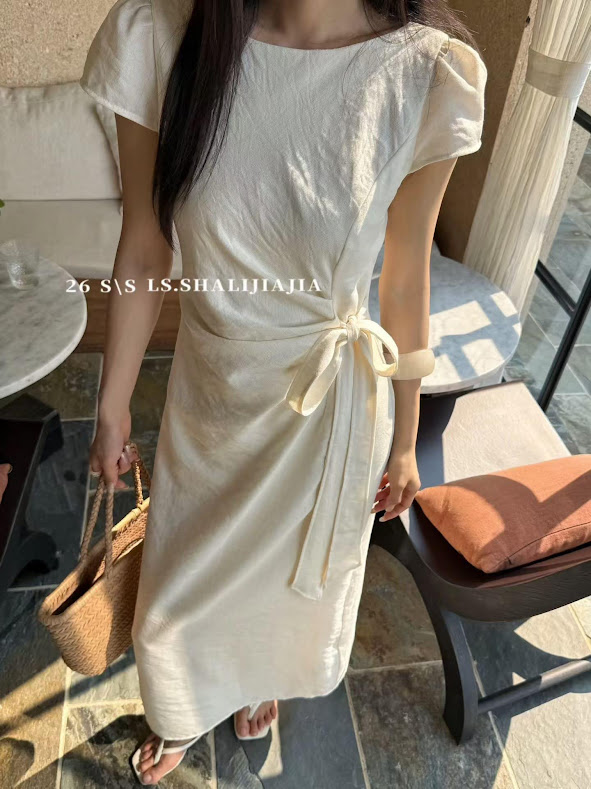Lucas - Váy cổ thuyền cộc tay dáng dài may rúm phối dây buộc lệch eo_thumbnail_5