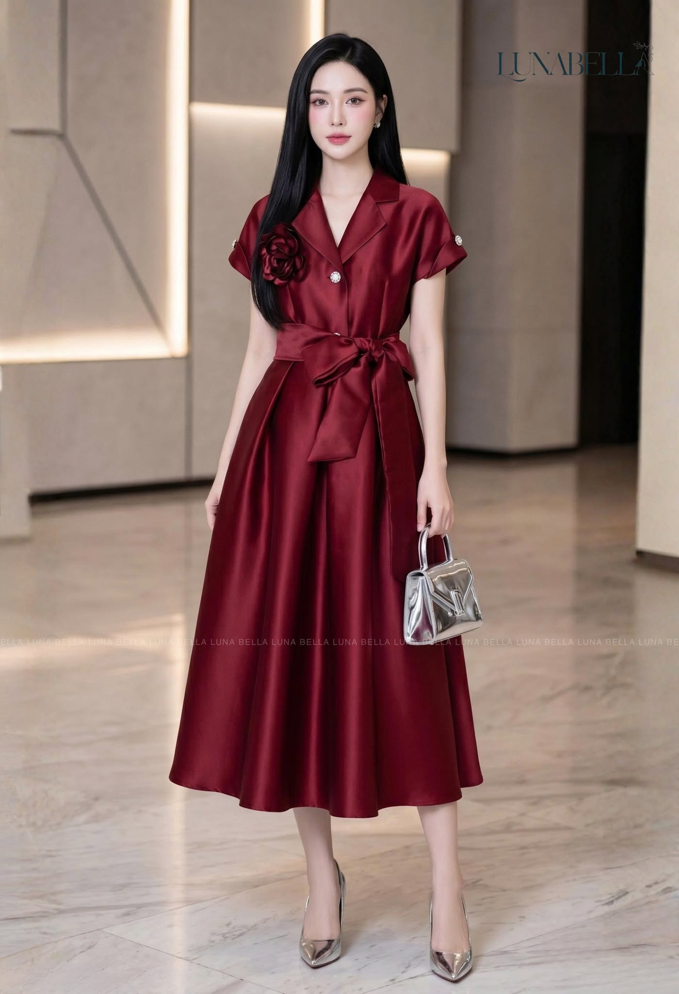 Váy sơ mi xoè dài NORIEL tay viền bèo màu ĐỎ