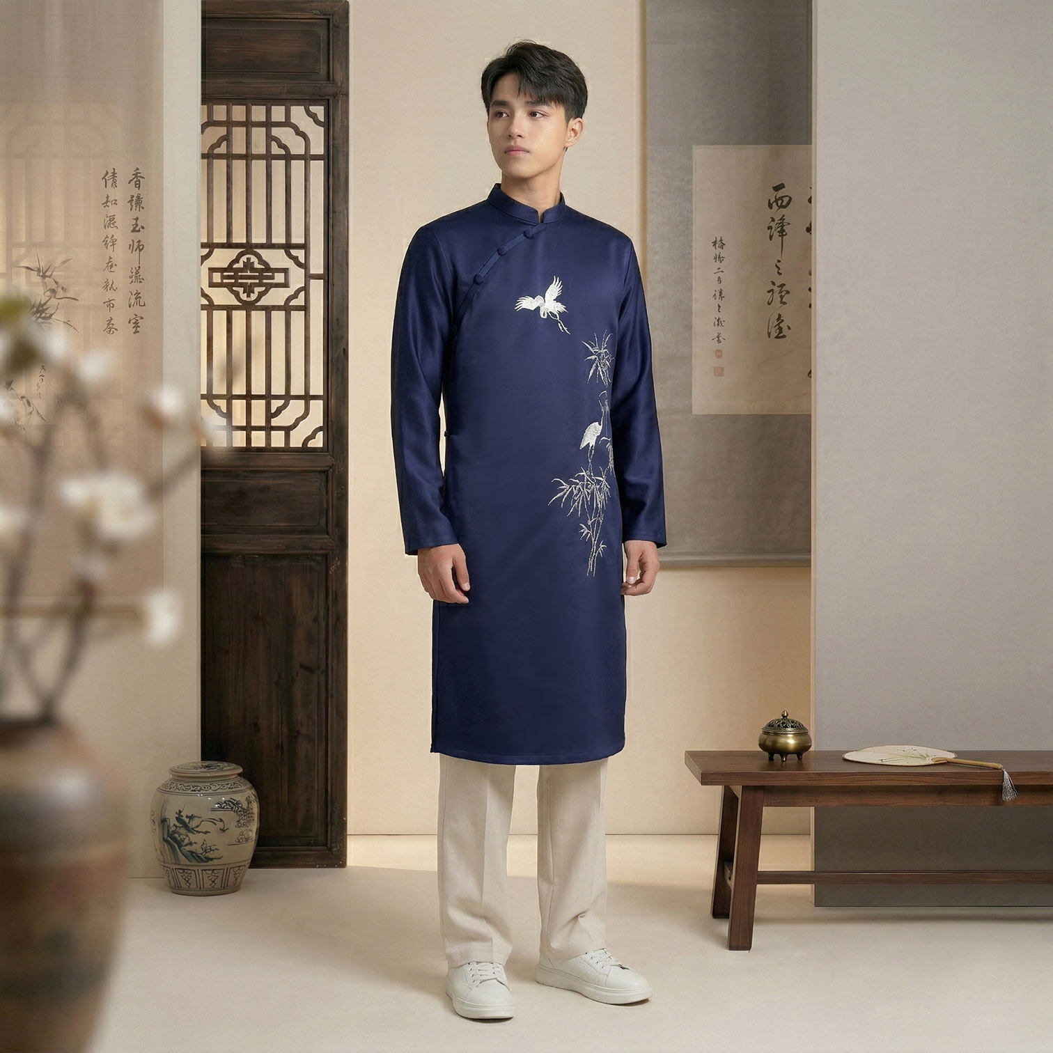 Áo Dài Nam Cách Tân Thêu Trúc Quân Tử - Vải Tafeta NA26-10