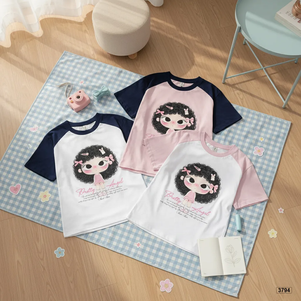 Áo babytee raglan mix màu Pretty Angel bé gái tóc xoăn phong cách Hàn Quốc Miucho 3794_thumbnail_7