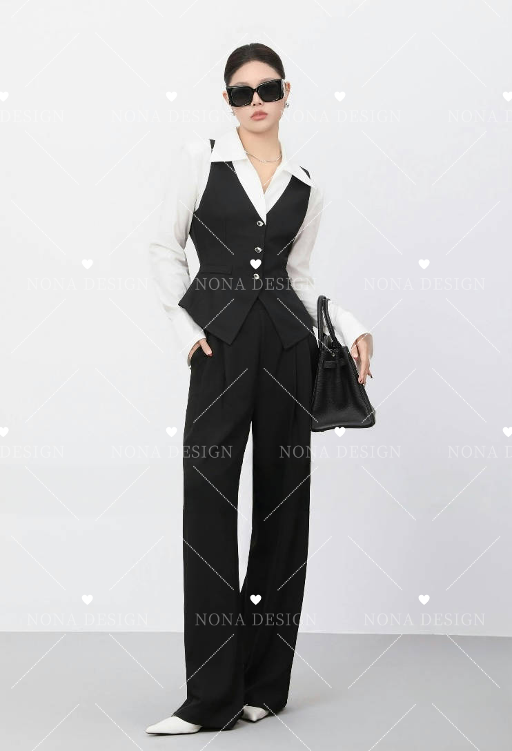 Set áo - quần thanh lịch, áo phối trắng đính cúc thiết kế - S371_thumbnail_1