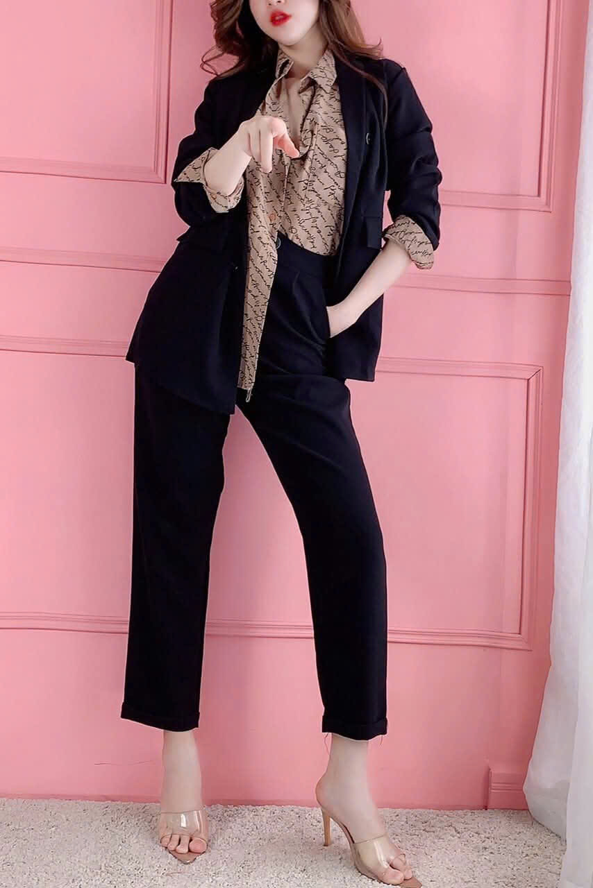 Plain Blazer & Baggy Pants Set