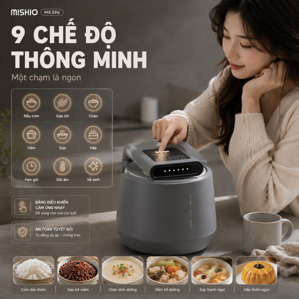 Nồi Cơm Điện Áp Suất Lòng Sứ Dưỡng Sinh Mishio MK396 dung tích 0.8L cho 1-2 người – Bí Quyết Cho Cơm Gạo Lứt_thumbnail_7