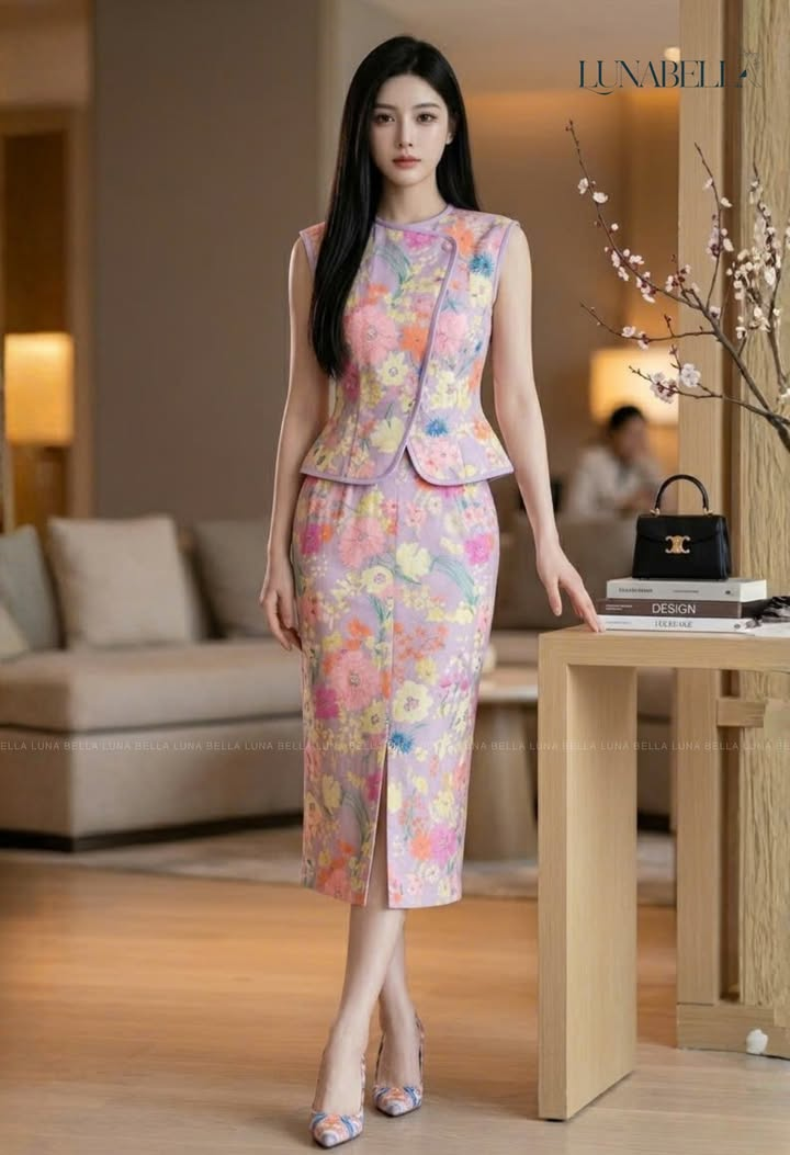 Chân đầm bút chì AVELYN in hoa màu TÍM