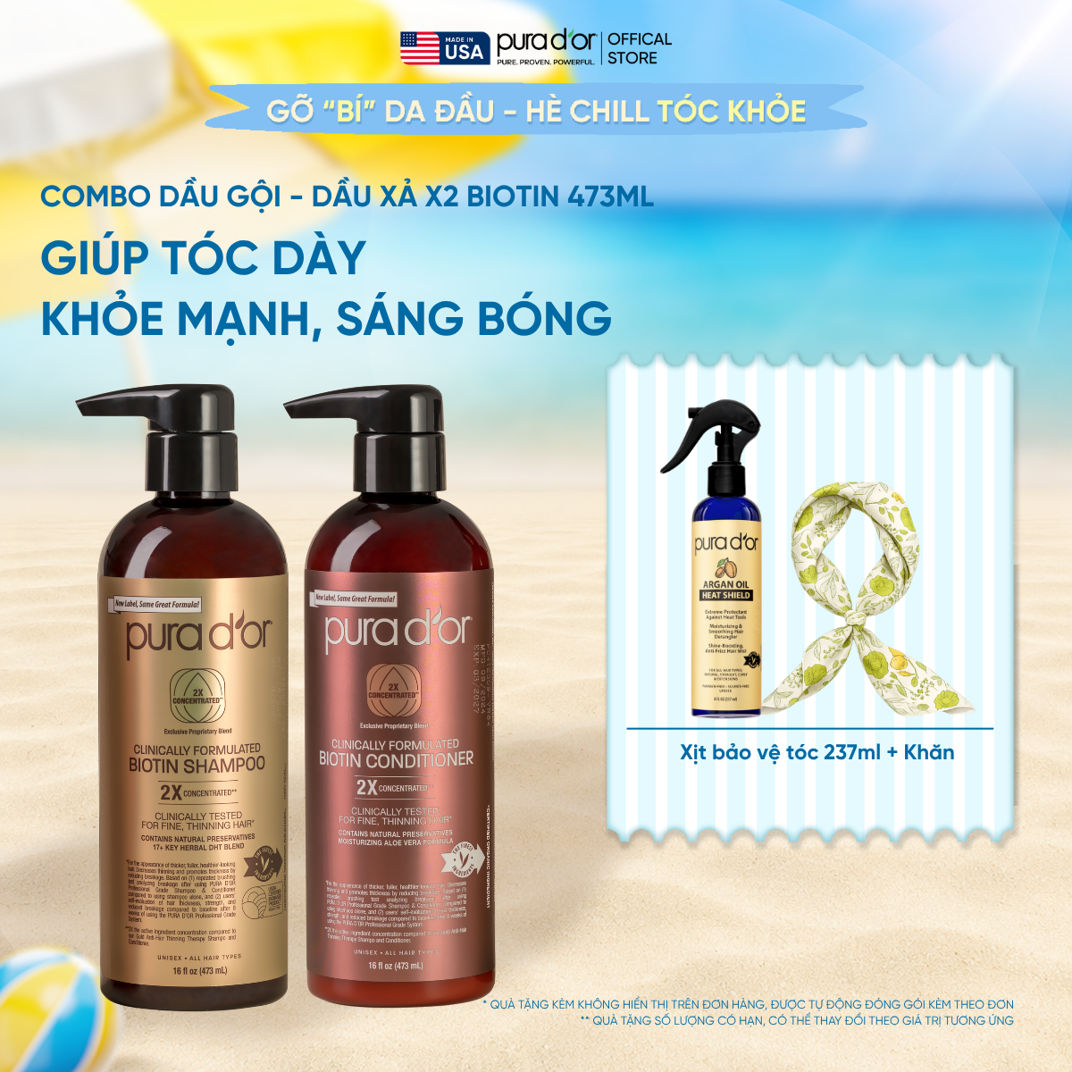 Combo Gội - Xả Pura D'or Biotin X2 Concentrated Giúp Tóc Dày, Khỏe Mạnh và Sáng Bóng Hơn 473ml
