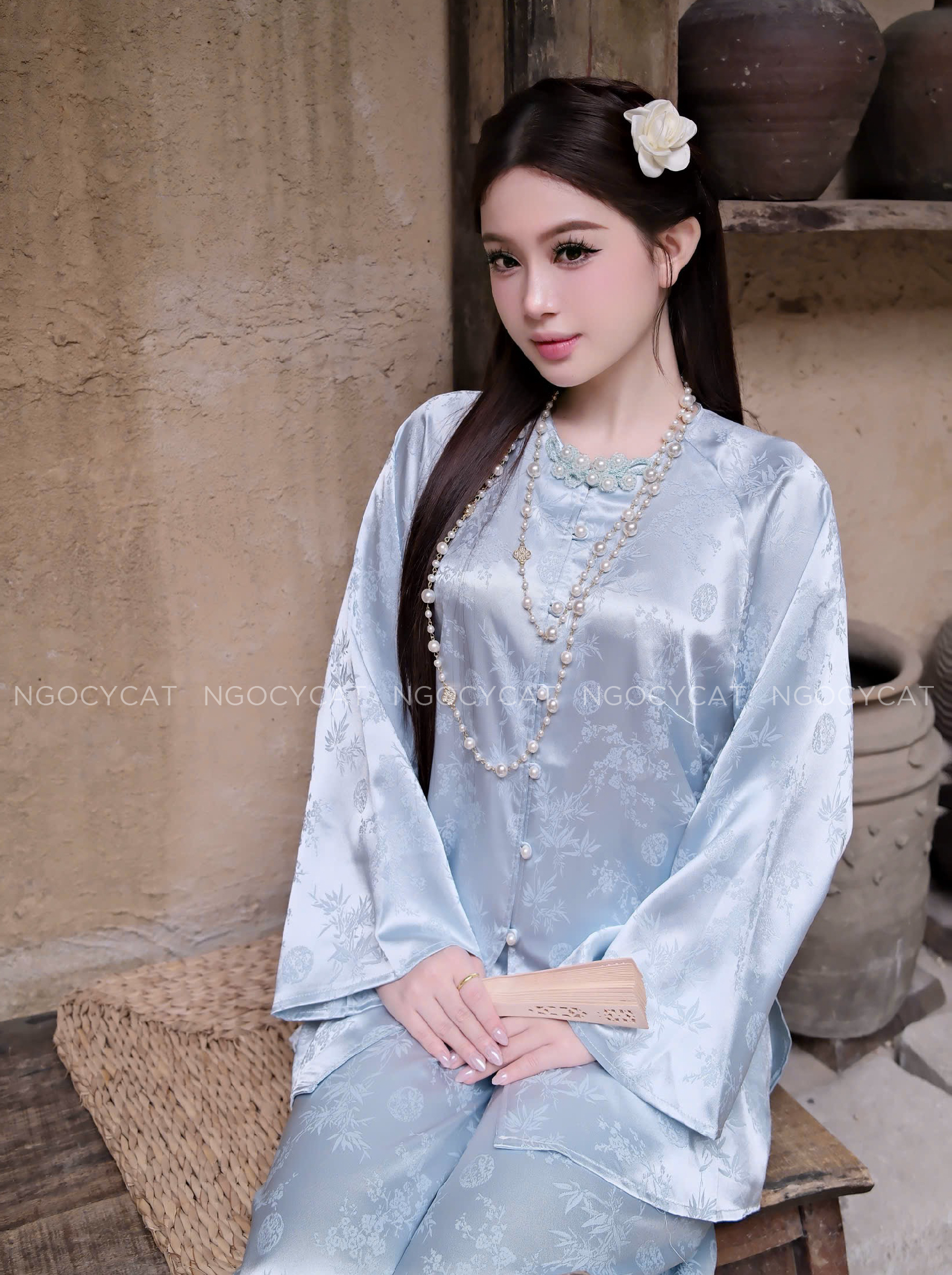 Áo Bà Ba Màu Xanh Lụa Trúc Mai 