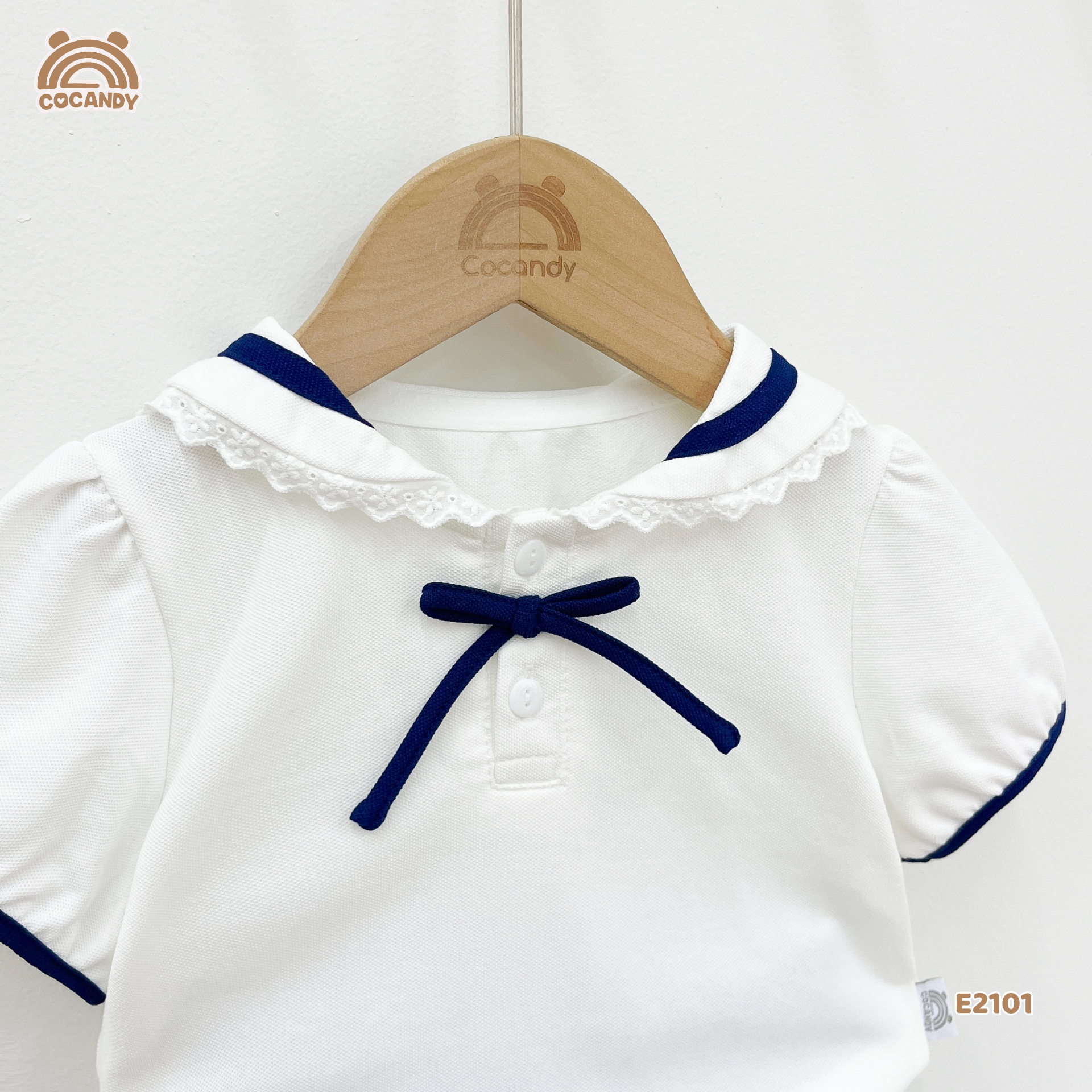 Áo cộc polo TRẮNG phối cổ nẹp xanh nơ cổ_thumbnail_2