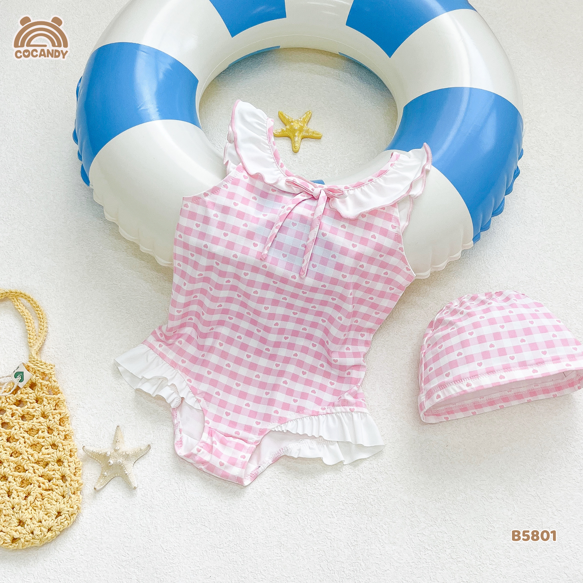 Bộ bơi caro HỒNG phối ren trắng
