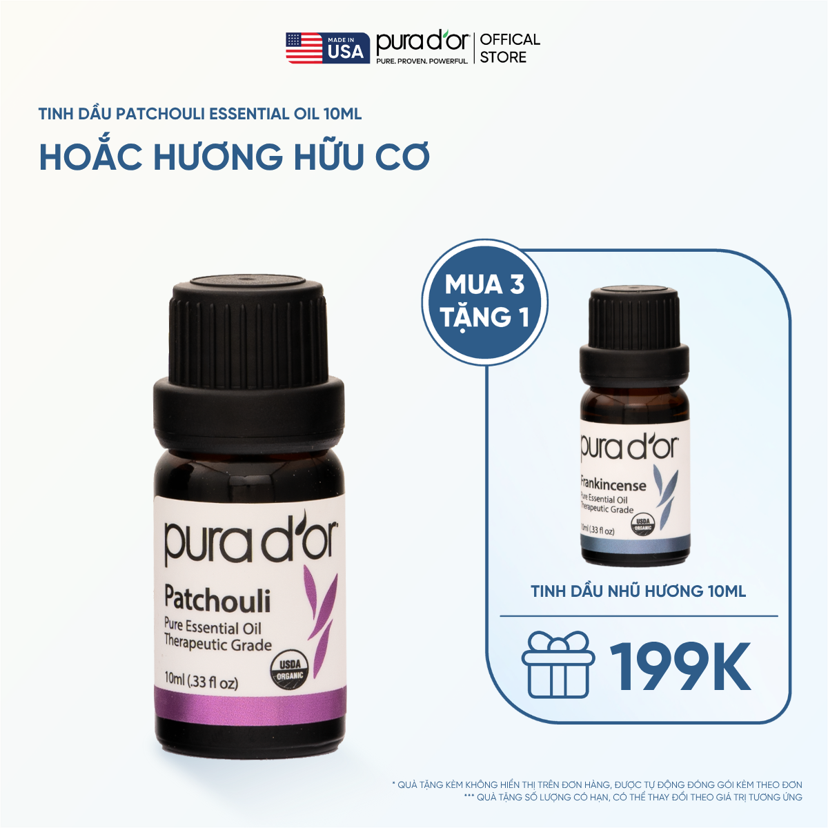 Tinh Dầu Hoắc Hương Hữu Cơ Pura D'or Therapeutic Grade Patchouli Essential Oil 10ml