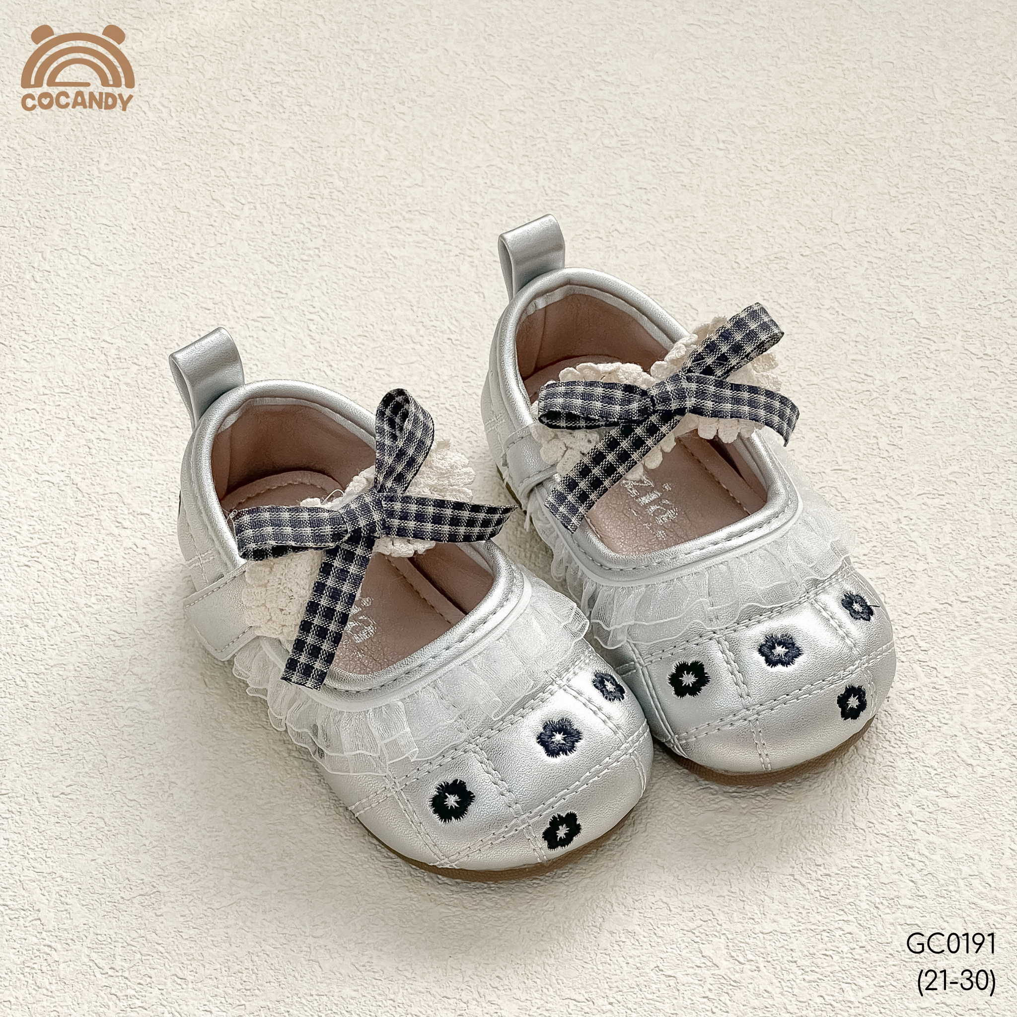 Giày búp bê nhập nơ caro BẠC logo MIZZIA