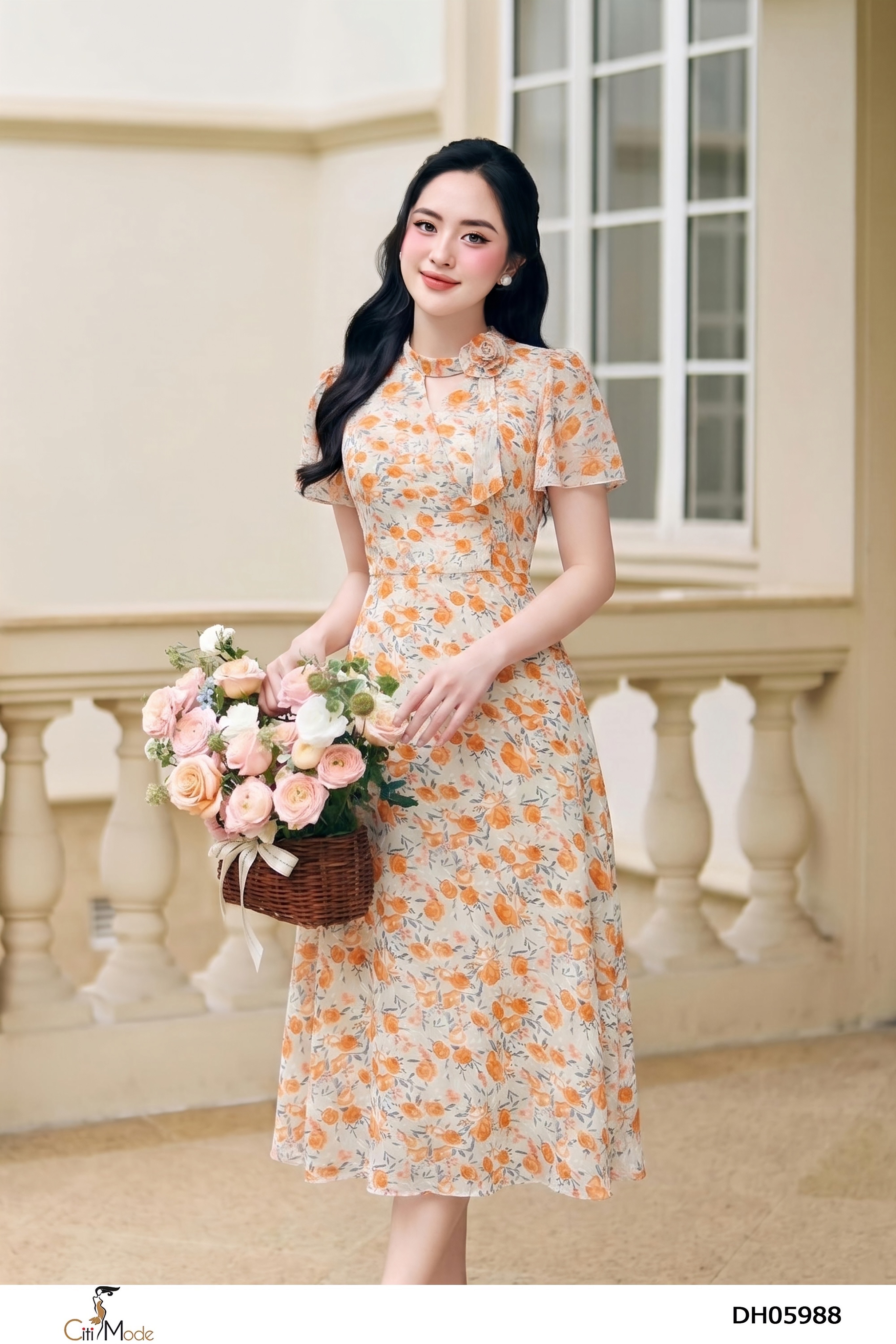 Đầm hoa cam cổ nơ cách điệu tay ngắn_thumbnail_5