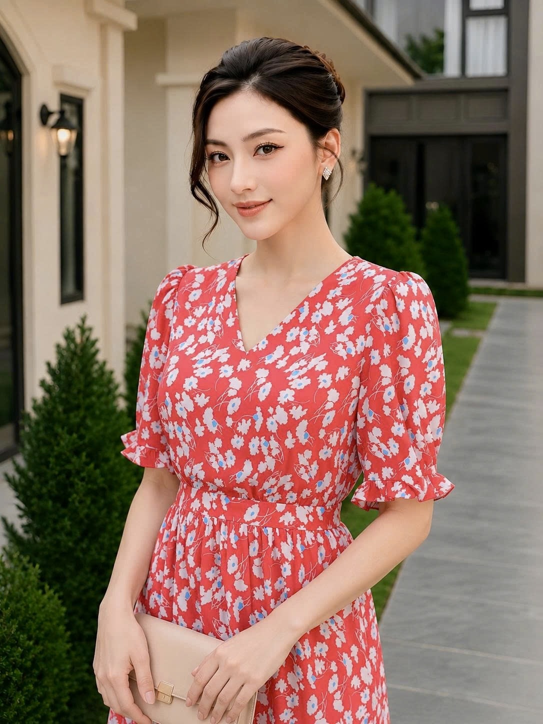 Đầm hồng họa tiết can eo bèo tầng_thumbnail_2