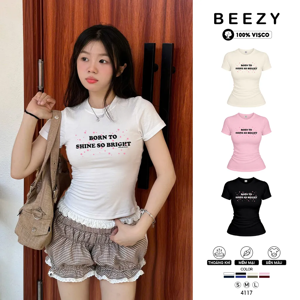 Áo babytee nữ form ôm body tôn dáng phối chữ Beezy 4117