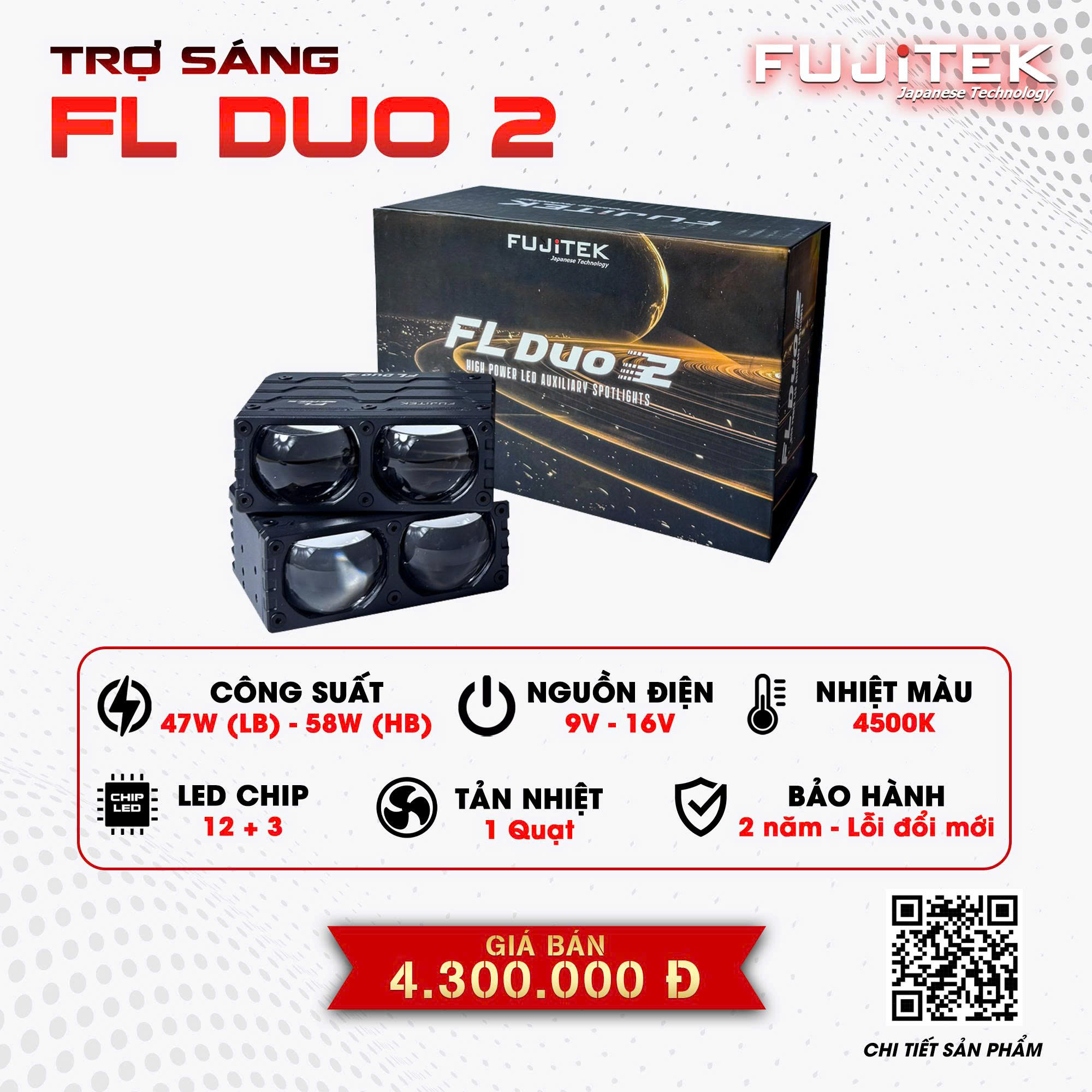 Đèn trợ sáng Fujitek FL Duo 2 nhiệt màu 4500K sáng rõ