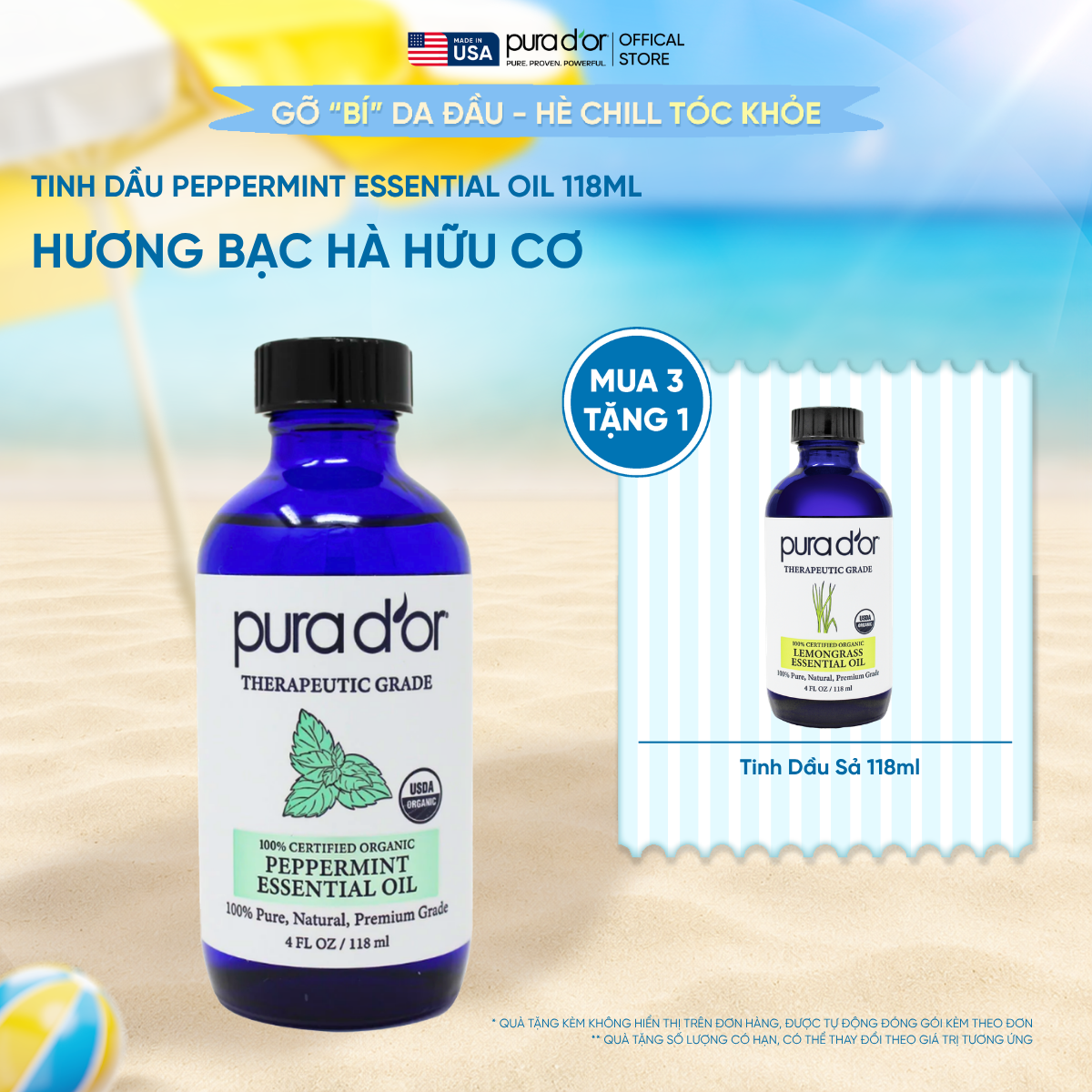 Tinh Dầu Bạc Hà Hữu Cơ Pura D'or Therapeutic Grade Peppermint Essential Oil 118ml