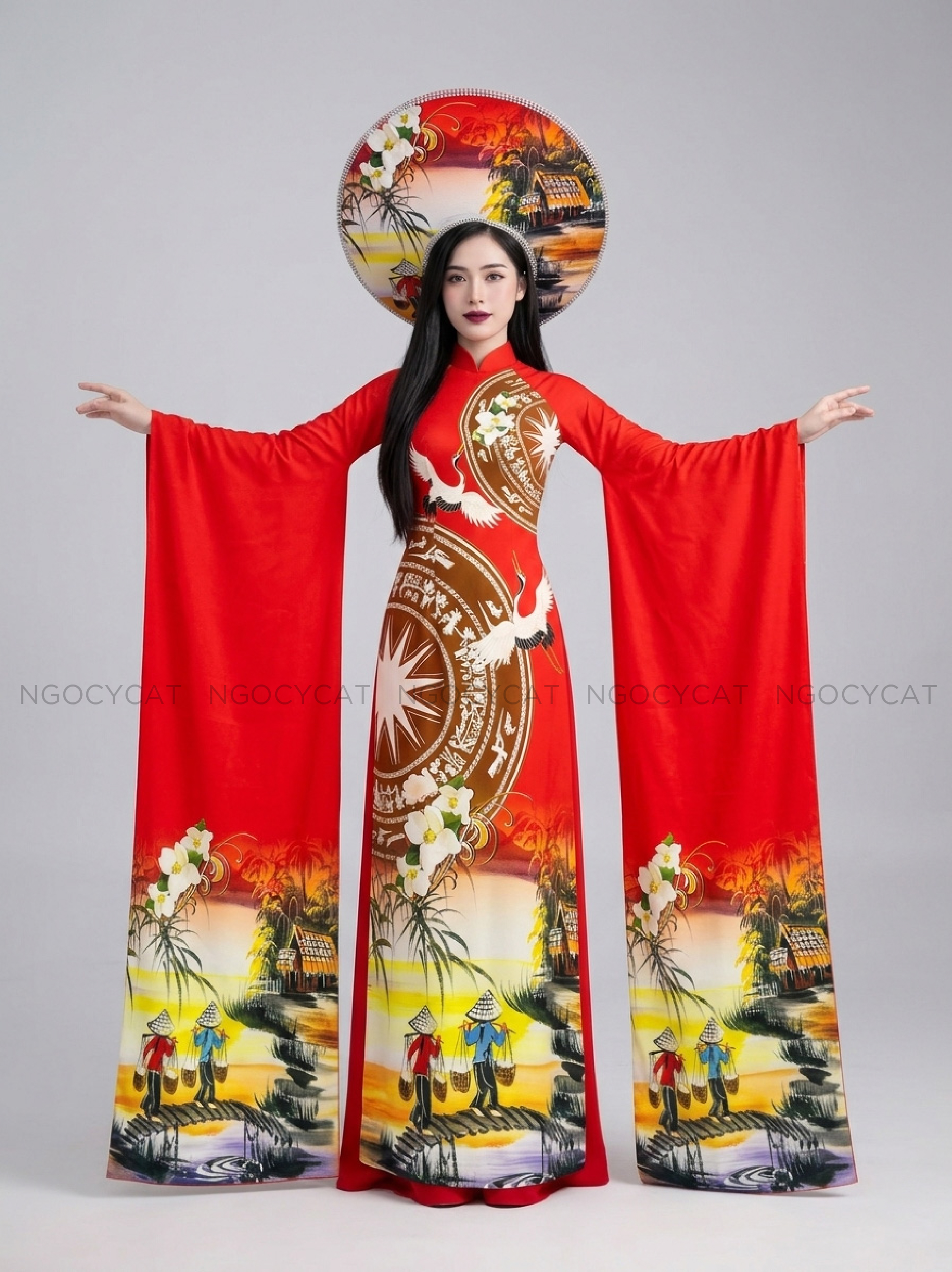 Áo Dài Biểu Diễn Quê Hương Trống Đồng Đỏ