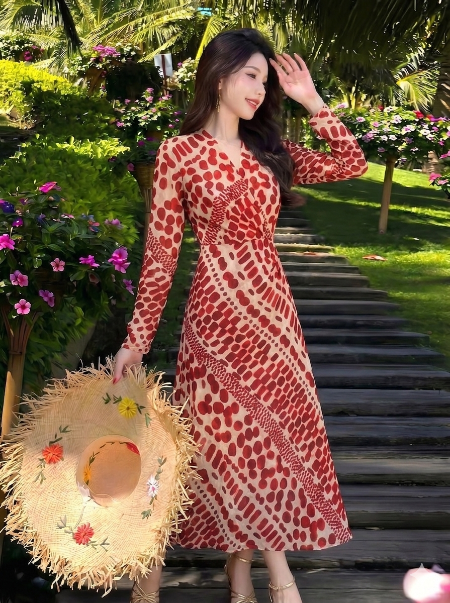 ✨ Đầm Họa Tiết Chiffon Nâu Đỏ ✨