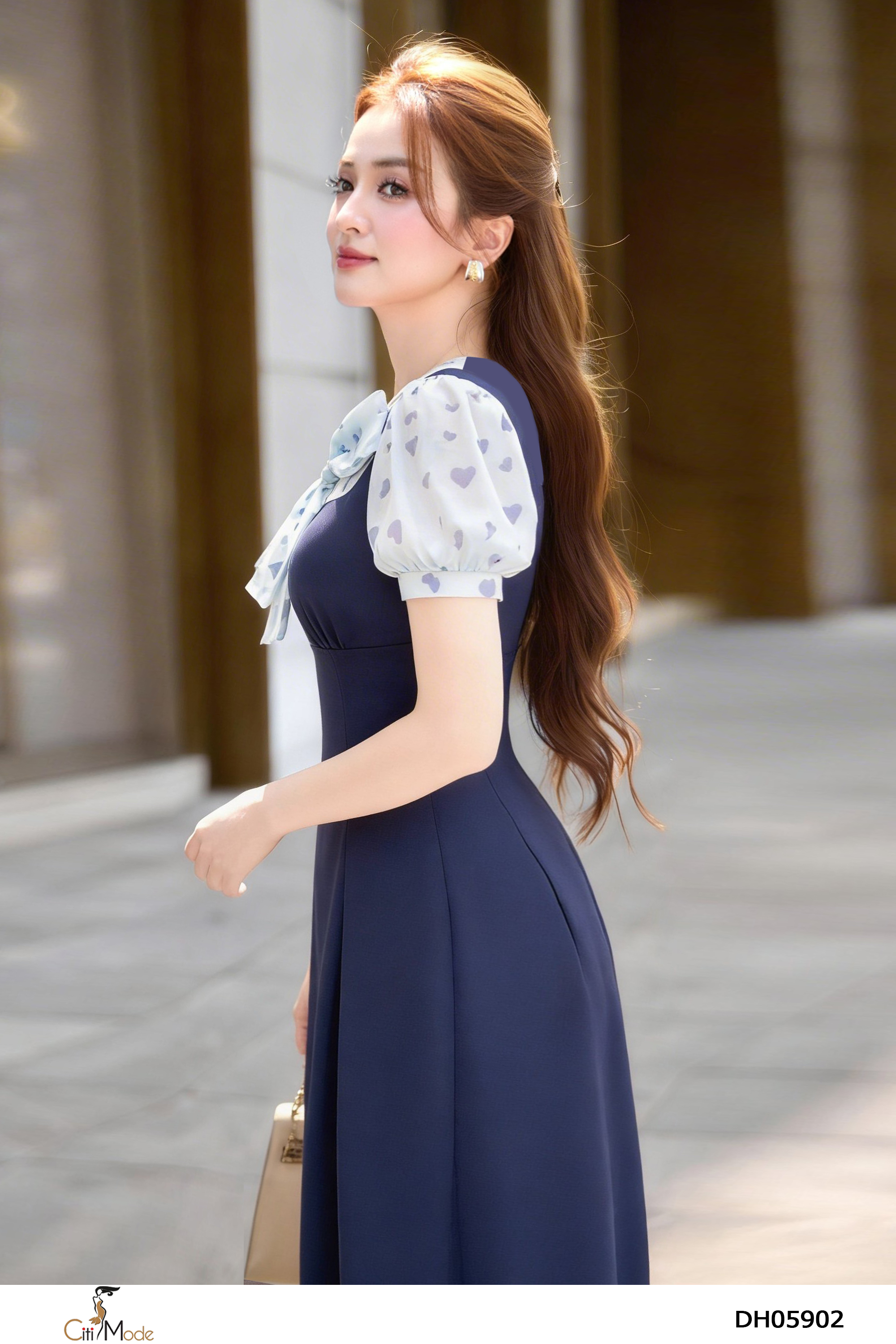 Đầm xòe tím than phối tơ cổ nơ cách điệu tay cọc