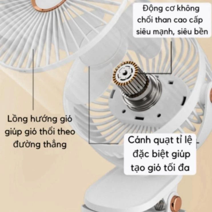 (HÀNG TỐT) Quạt Tích Điện Kẹp Bàn Mini DOMORA 5 Mức Độ Có Đèn Led Pin 5000 MHA Cao Cấp_thumbnail_4