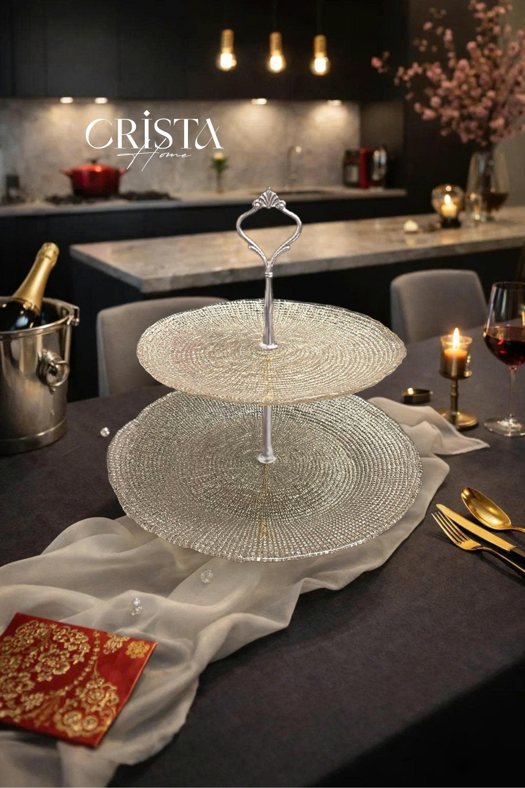 Bộ đĩa 2 tầng thủy tinh vân lưới 22.5 + 28 cm CRISTA HOME, 60224