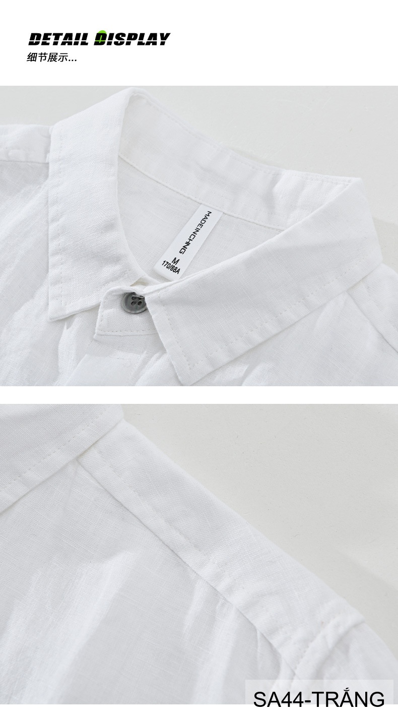 SA44 - Áo sơ mi nam tay ngắn vải lanh thoáng mát phong cách Nhật, cổ lật thêu logo nhỏ_thumbnail_7