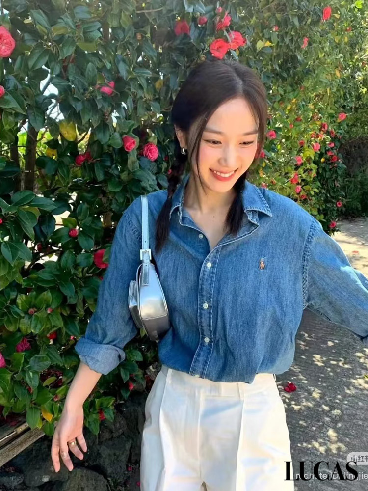 Áo sơ mi denim dài tay thêu 1 bên ngực Gigi 3029