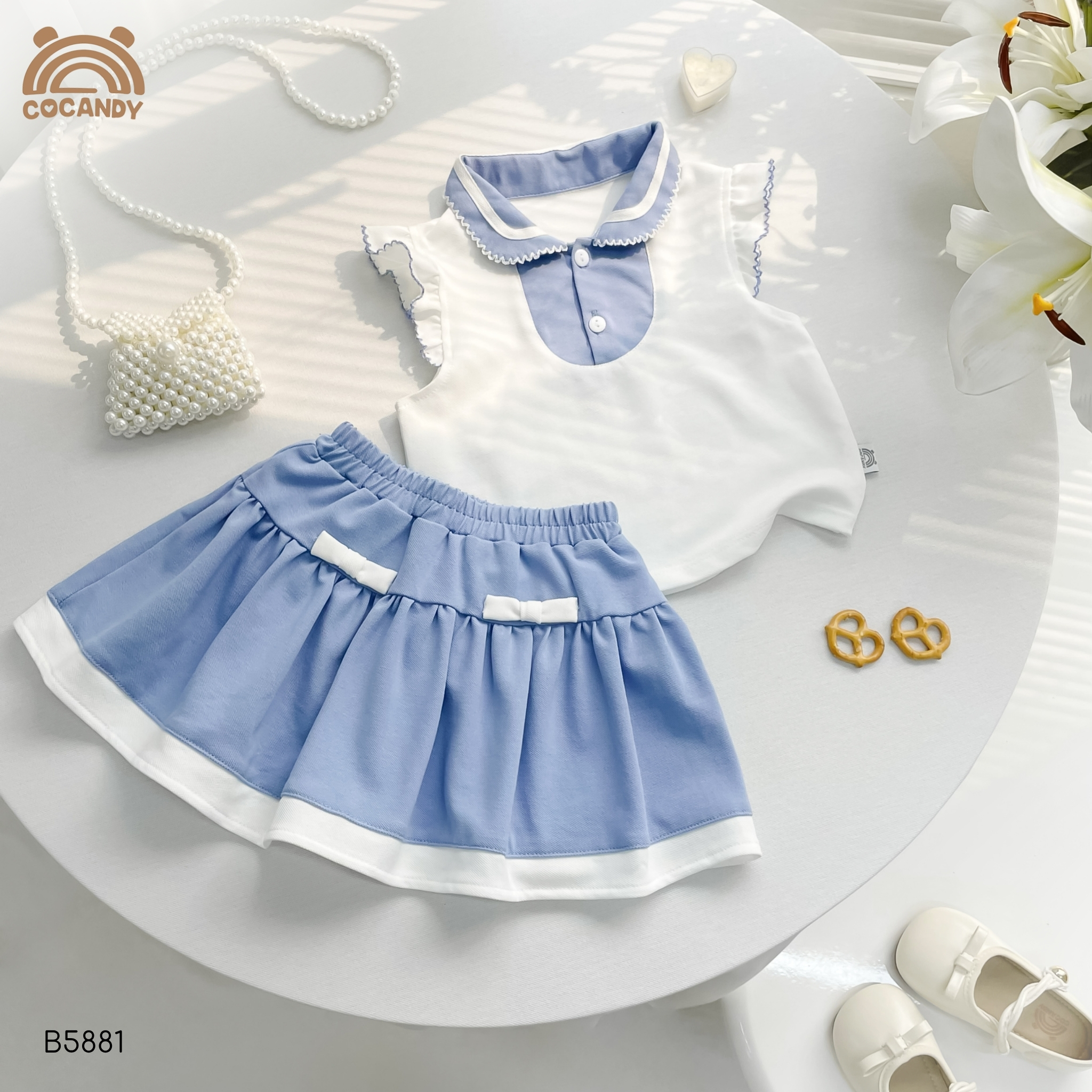 Bộ sát nách TRẮNG phối chân váy xanh dương tay bèo_thumbnail_2