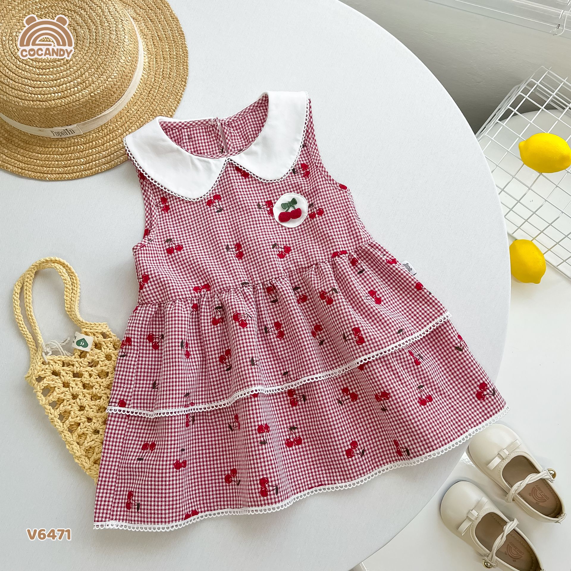 Váy sát nách thô caro ĐỎ hình cherry phối cổ sen_thumbnail_7
