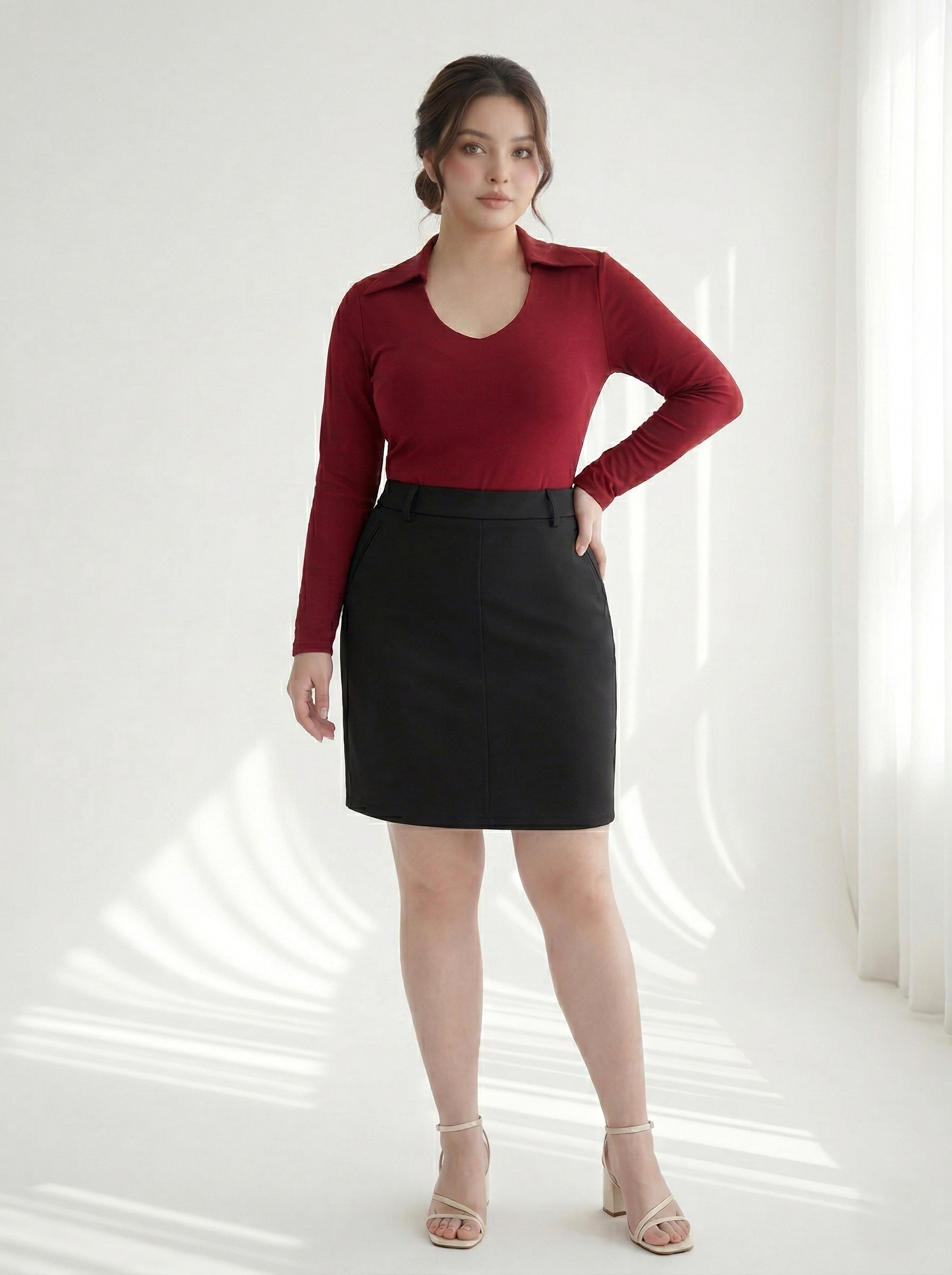 BISGZIE NỮ - Áo thun kiểu cổ bẻ tay dài V-AK094