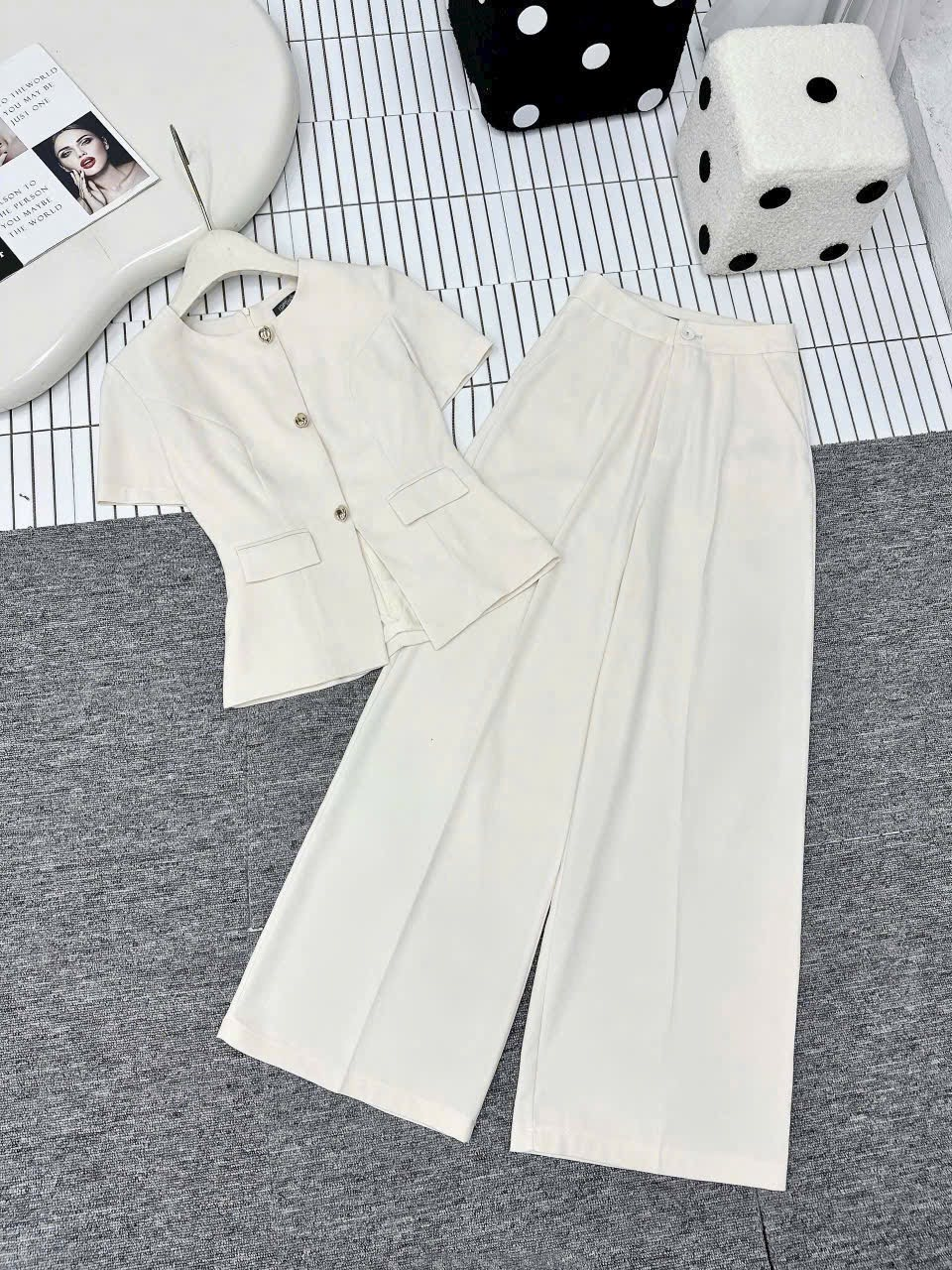 Lucas - Set áo cộc tay cài 3 cúc kim loại + quần ống suông dáng dài TS