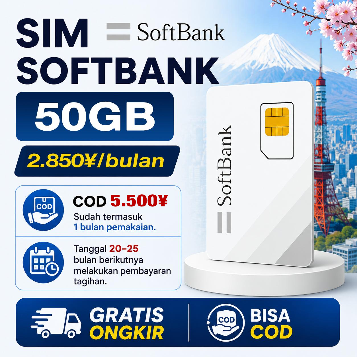 SIM DATA SOFTBANK 50GB – ¥2.850/BULAN